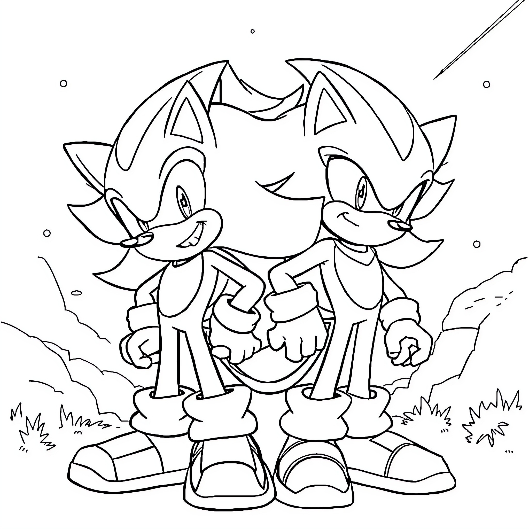 Sonic characters in dynamic pose Coloring Page (free black-and-white line drawing printable PDF for all, from beginners to advanced learners, including children, teens, adults, and seniors)