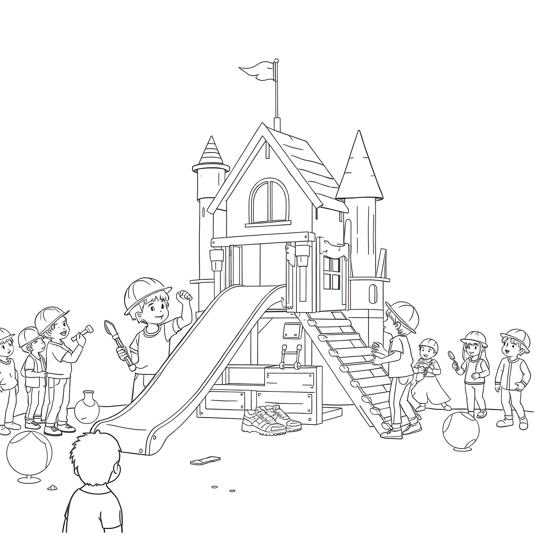 Child playing on a colorful playground structure Coloring Page (free black-and-white line drawing printable PDF for all, from beginners to advanced learners, including children, teens, adults, and seniors)