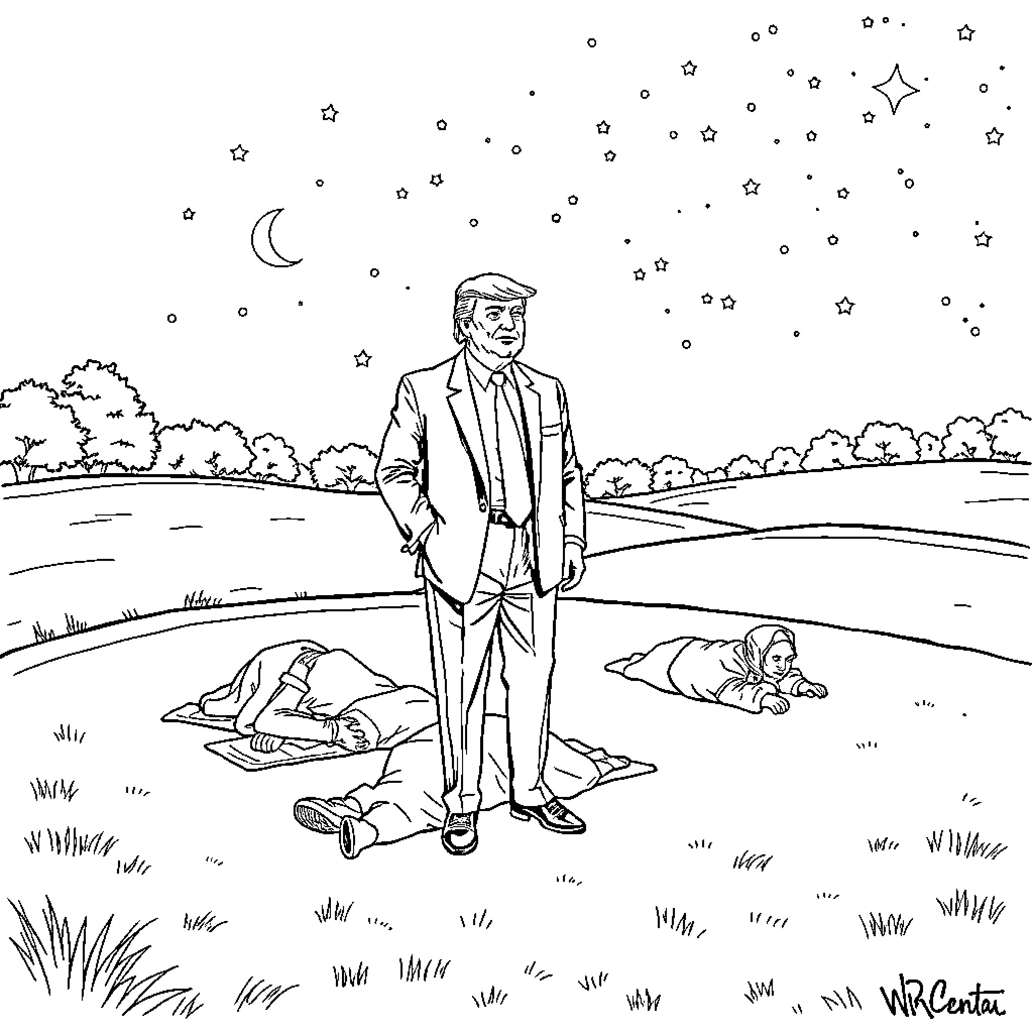 Donald Trump staring pensively under a starry night sky Coloring Page (free black-and-white line drawing printable PDF for all, from beginners to advanced learners, including children, teens, adults, and seniors)