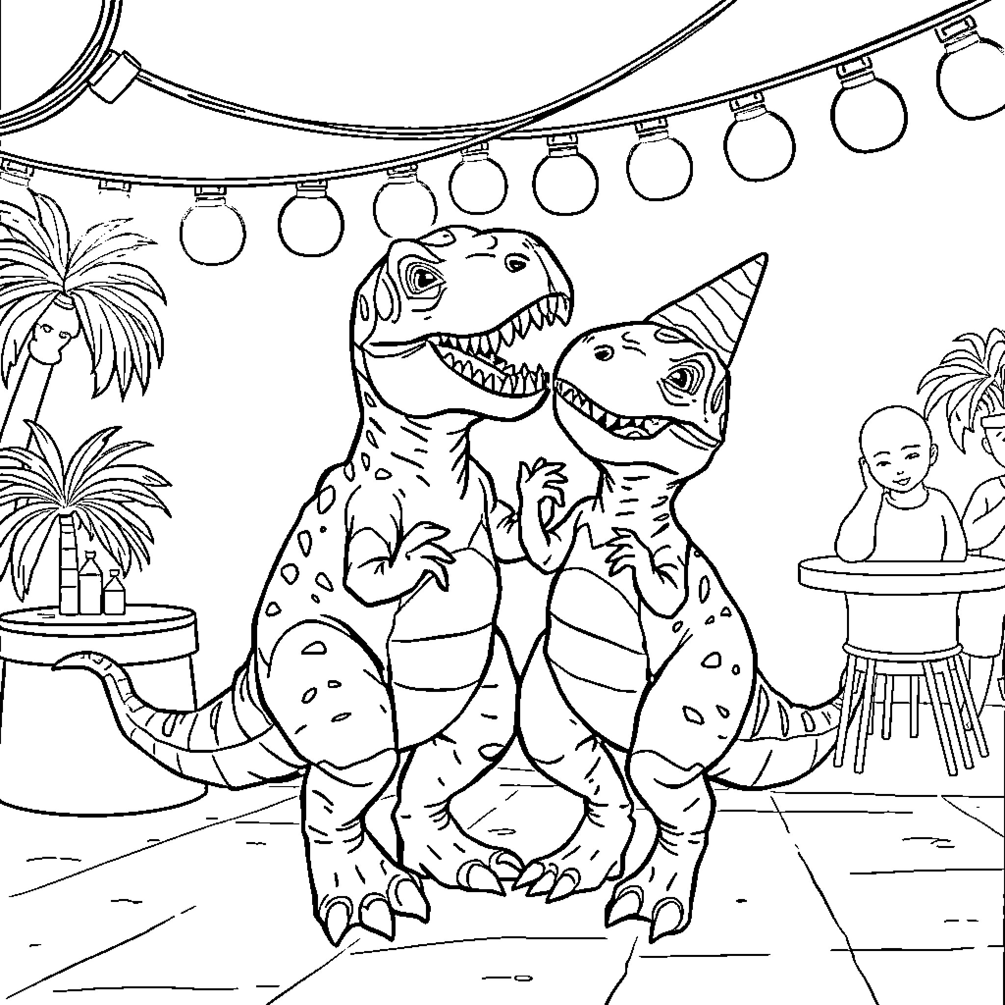 T-Rex dinosaurs enjoying a tropical party Coloring Page (free black-and-white line drawing printable PDF for all, from beginners to advanced learners, including children, teens, adults, and seniors)