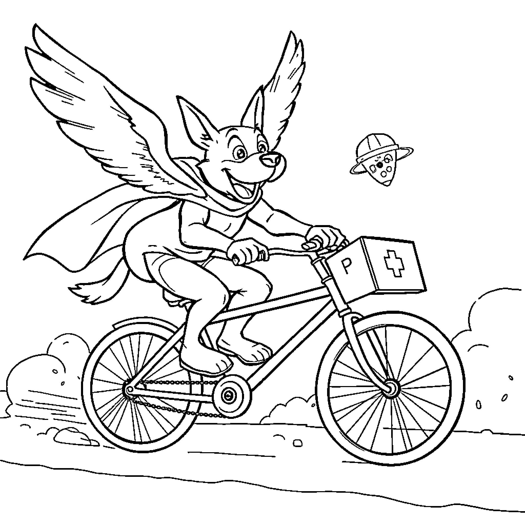 Flying Dog Rides Bicycle with Paramedic Kit Coloring Page (free black-and-white line drawing printable PDF for all, from beginners to advanced learners, including children, teens, adults, and seniors)