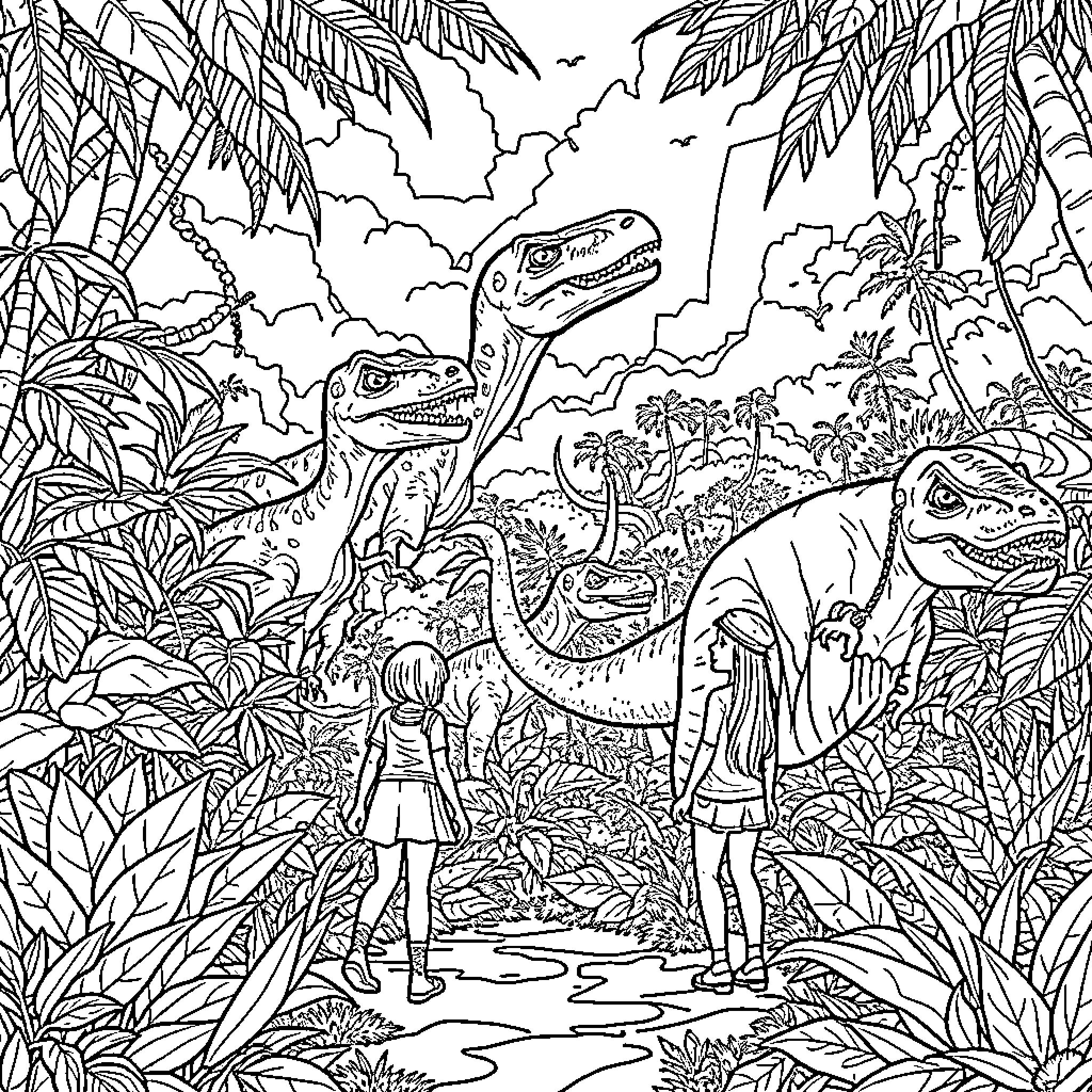 Girl explores prehistoric jungle with dinosaurs Coloring Page (free black-and-white line drawing printable PDF for all, from beginners to advanced learners, including children, teens, adults, and seniors)