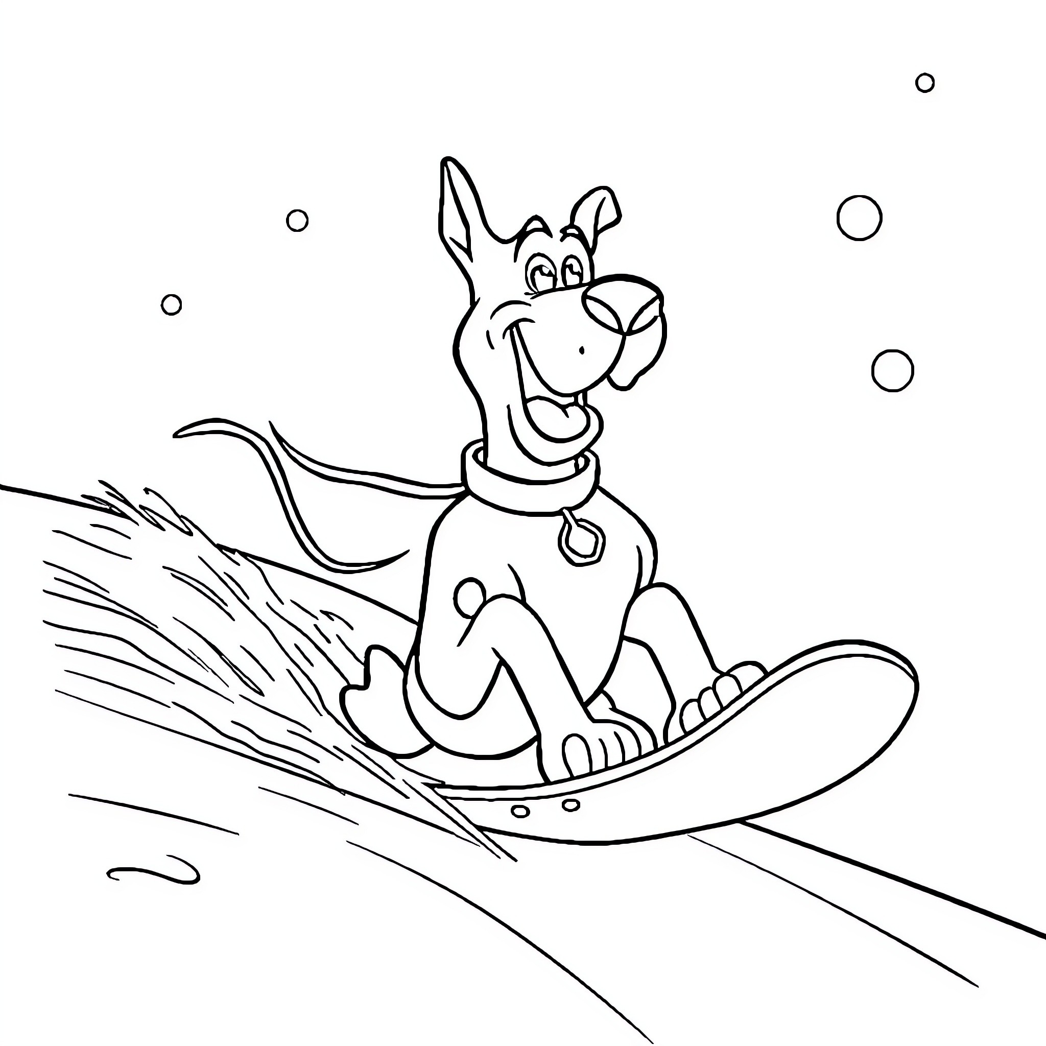 Scooby Doo surfing on the waves Coloring Page (free black-and-white line drawing printable PDF for all, from beginners to advanced learners, including children, teens, adults, and seniors)