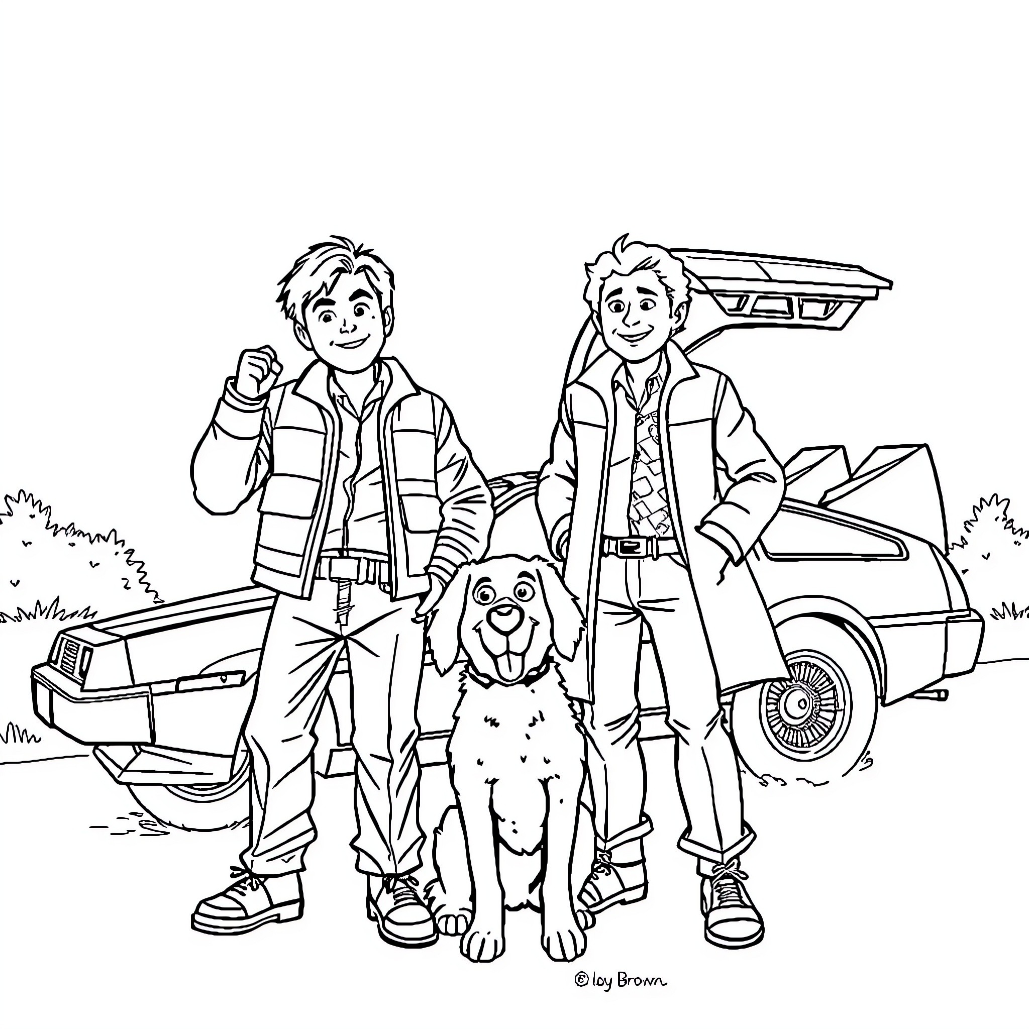 Marty McFly and Friends on Time-Traveling Adventure Coloring Page (free black-and-white line drawing printable PDF for all, from beginners to advanced learners, including children, teens, adults, and seniors)
