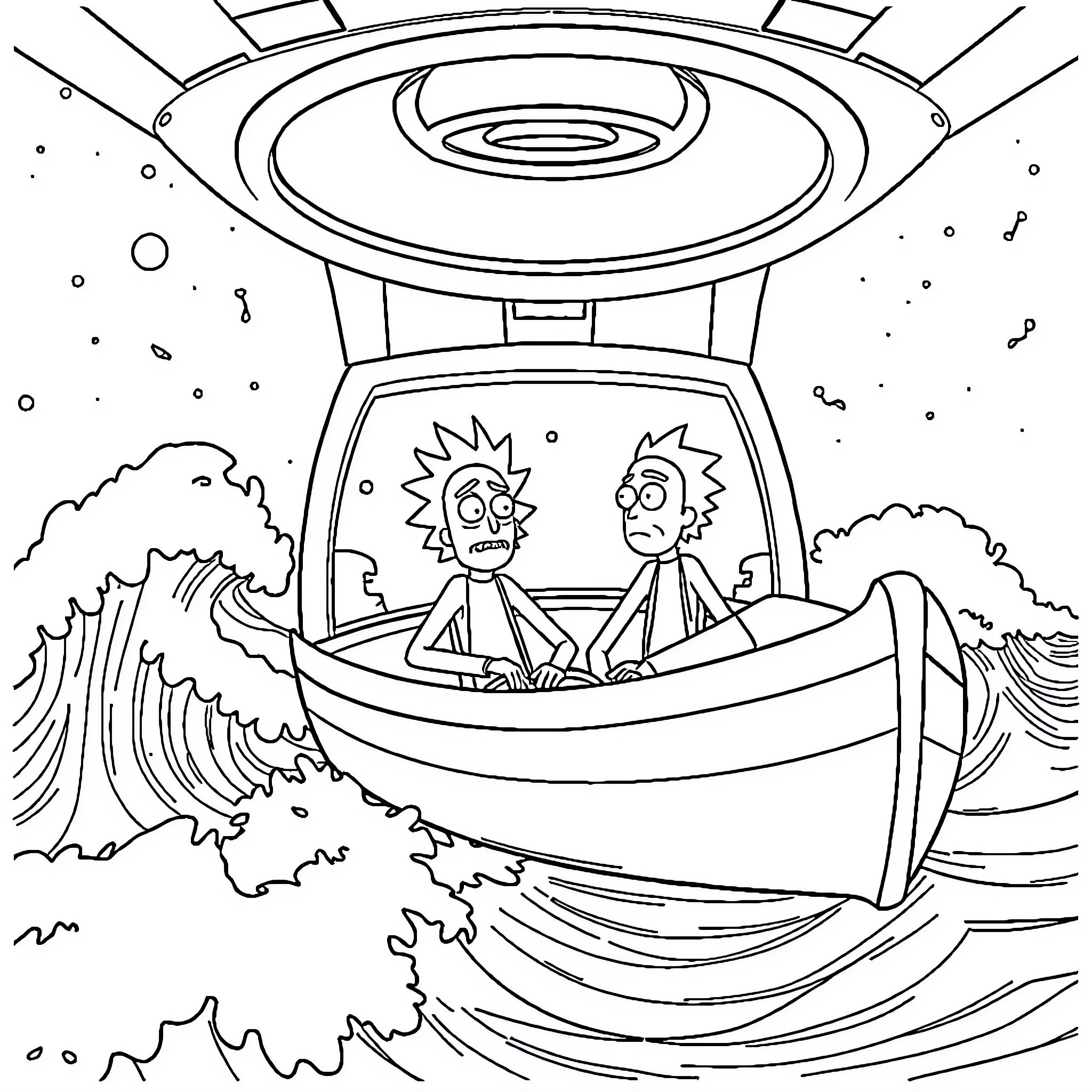 Rick And Morty's Intergalactic Spacecraft Adventure Coloring Page (free black-and-white line drawing printable PDF for all, from beginners to advanced learners, including children, teens, adults, and seniors)