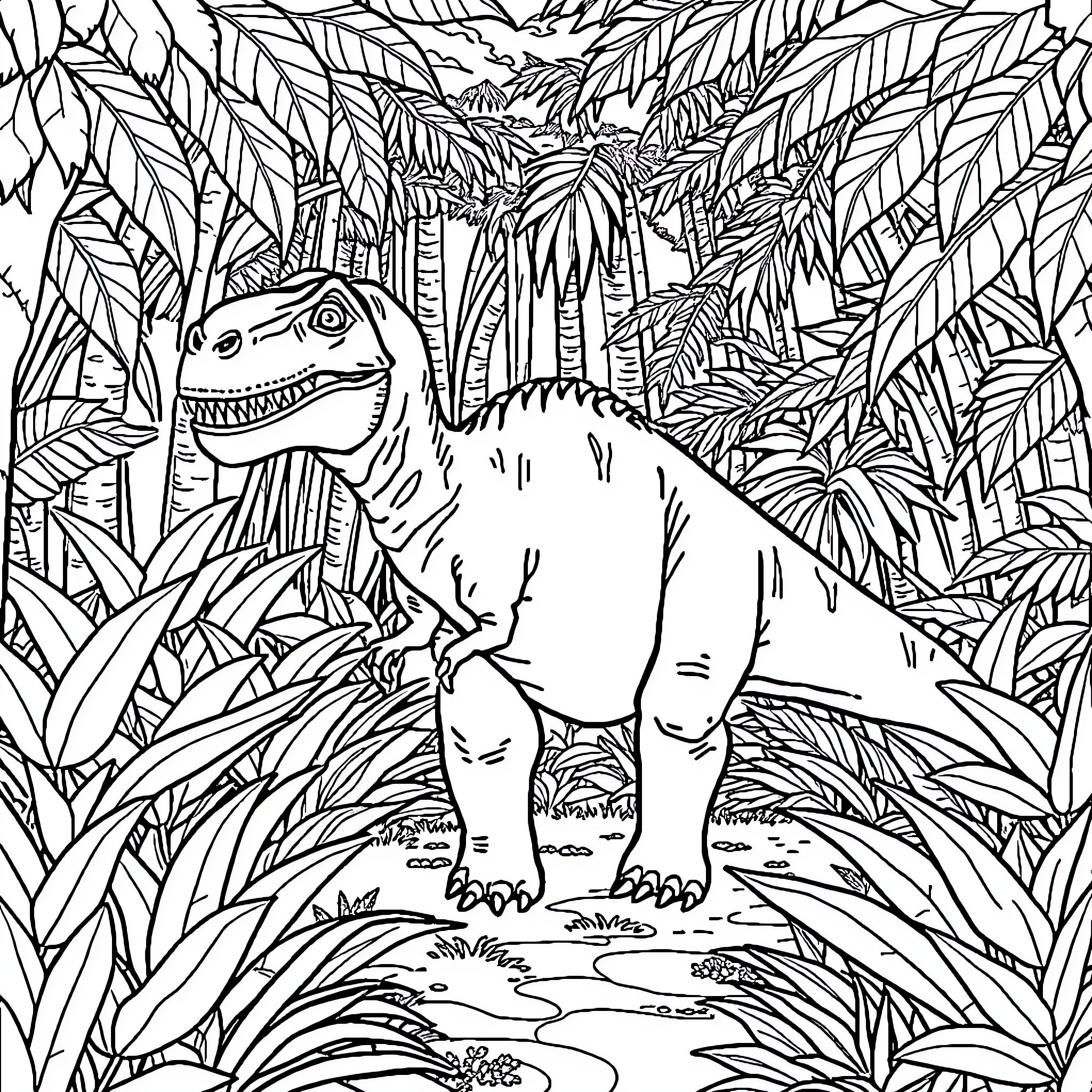 Dinosaur exploring lush jungle landscape Coloring Page (free black-and-white line drawing printable PDF for all, from beginners to advanced learners, including children, teens, adults, and seniors)