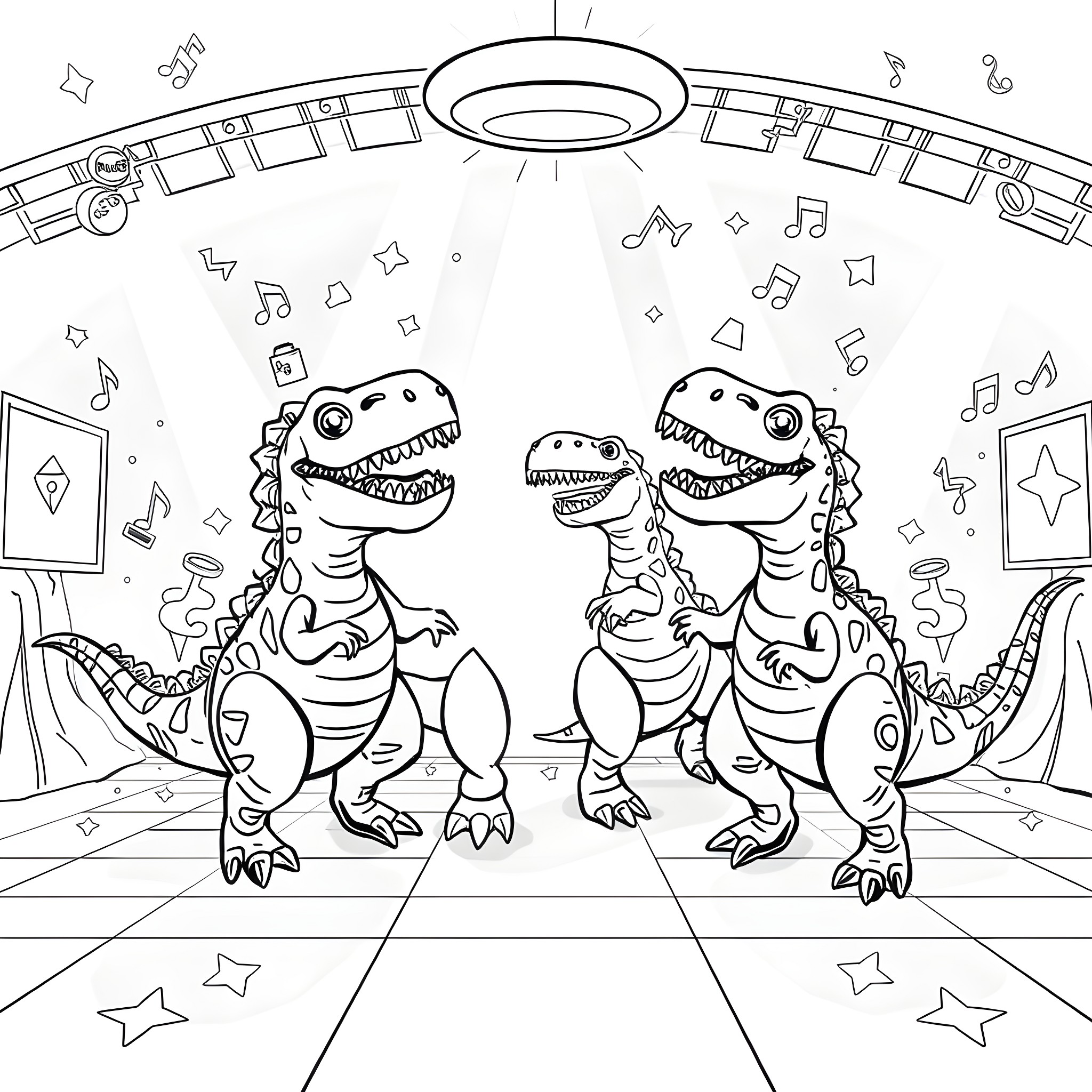 Dinosaurs dancing happily in the music room Coloring Page (free black-and-white line drawing printable PDF for all, from beginners to advanced learners, including children, teens, adults, and seniors)