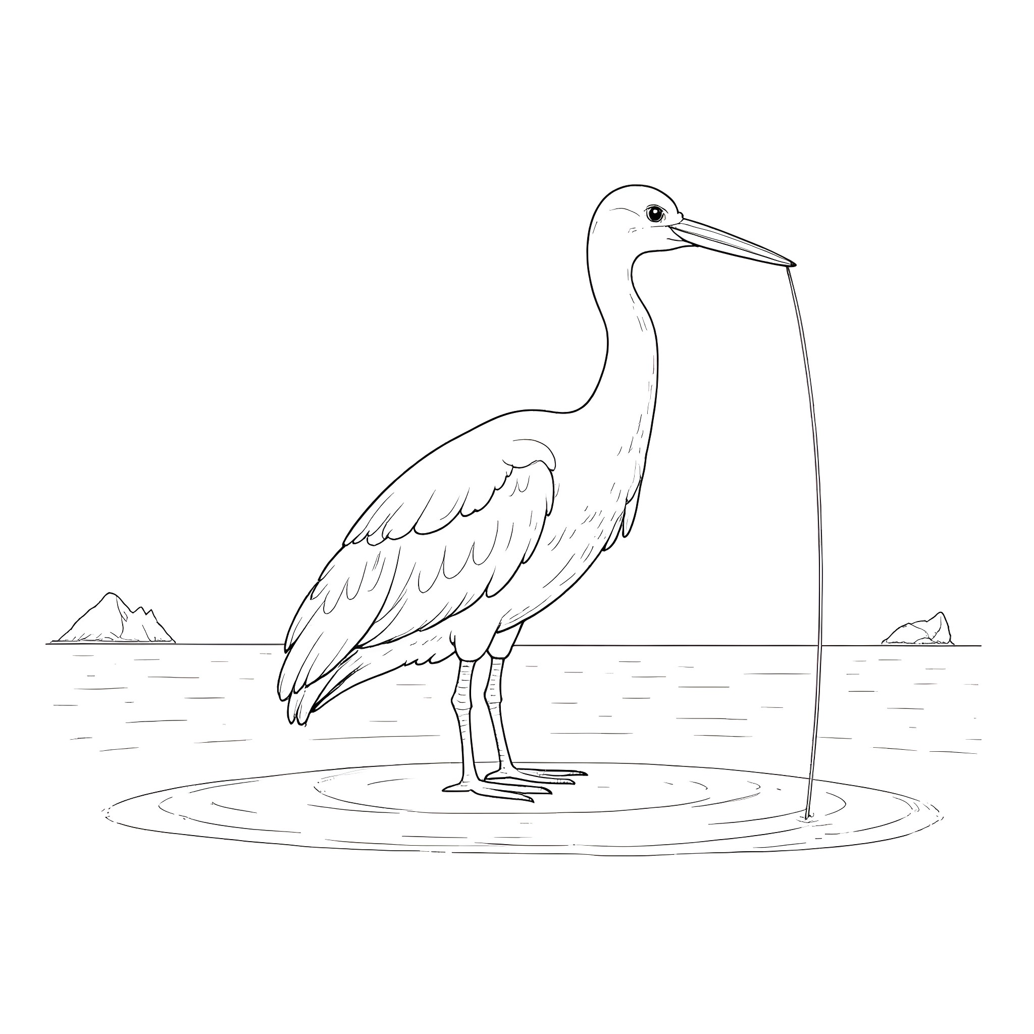 Bird standing in shallow water Coloring Page (free black-and-white line drawing printable PDF for all, from beginners to advanced learners, including children, teens, adults, and seniors)
