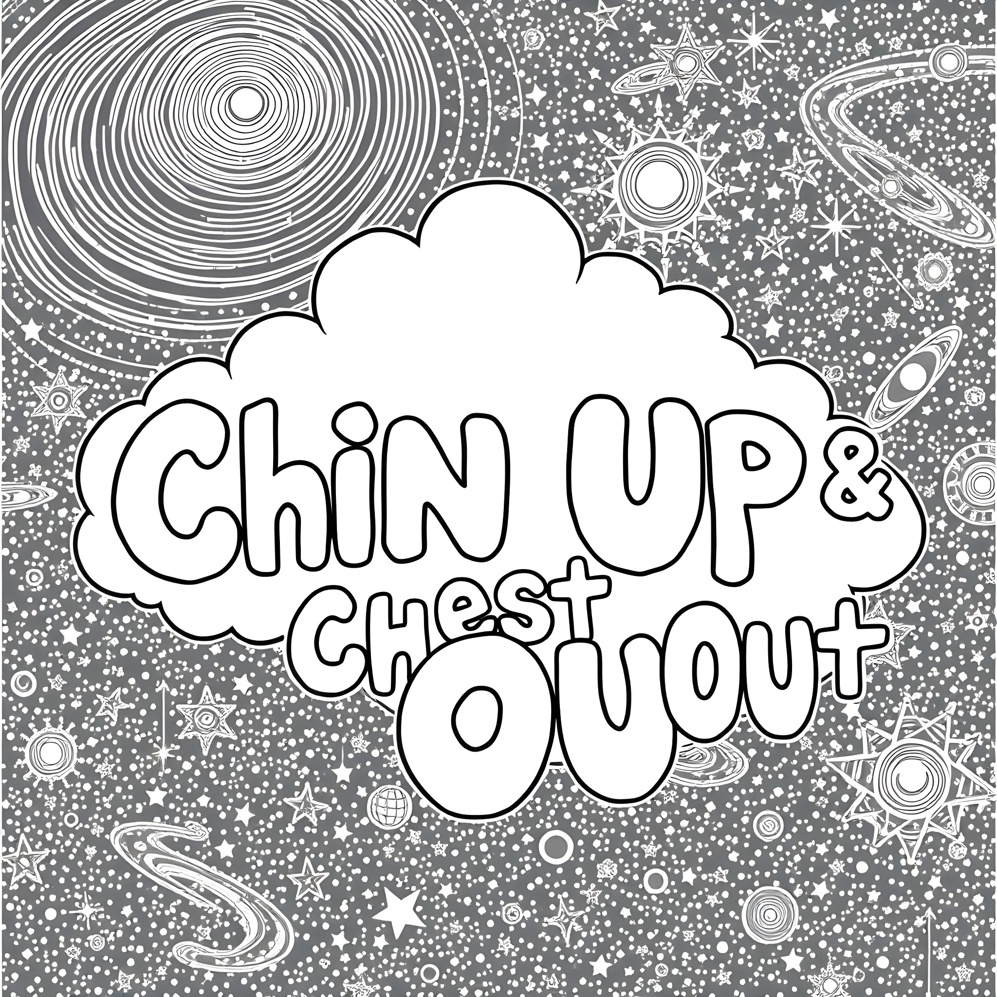 Cloud of psychedelic cosmic patterns and text Coloring Page (free black-and-white line drawing printable PDF for all, from beginners to advanced learners, including children, teens, adults, and seniors)