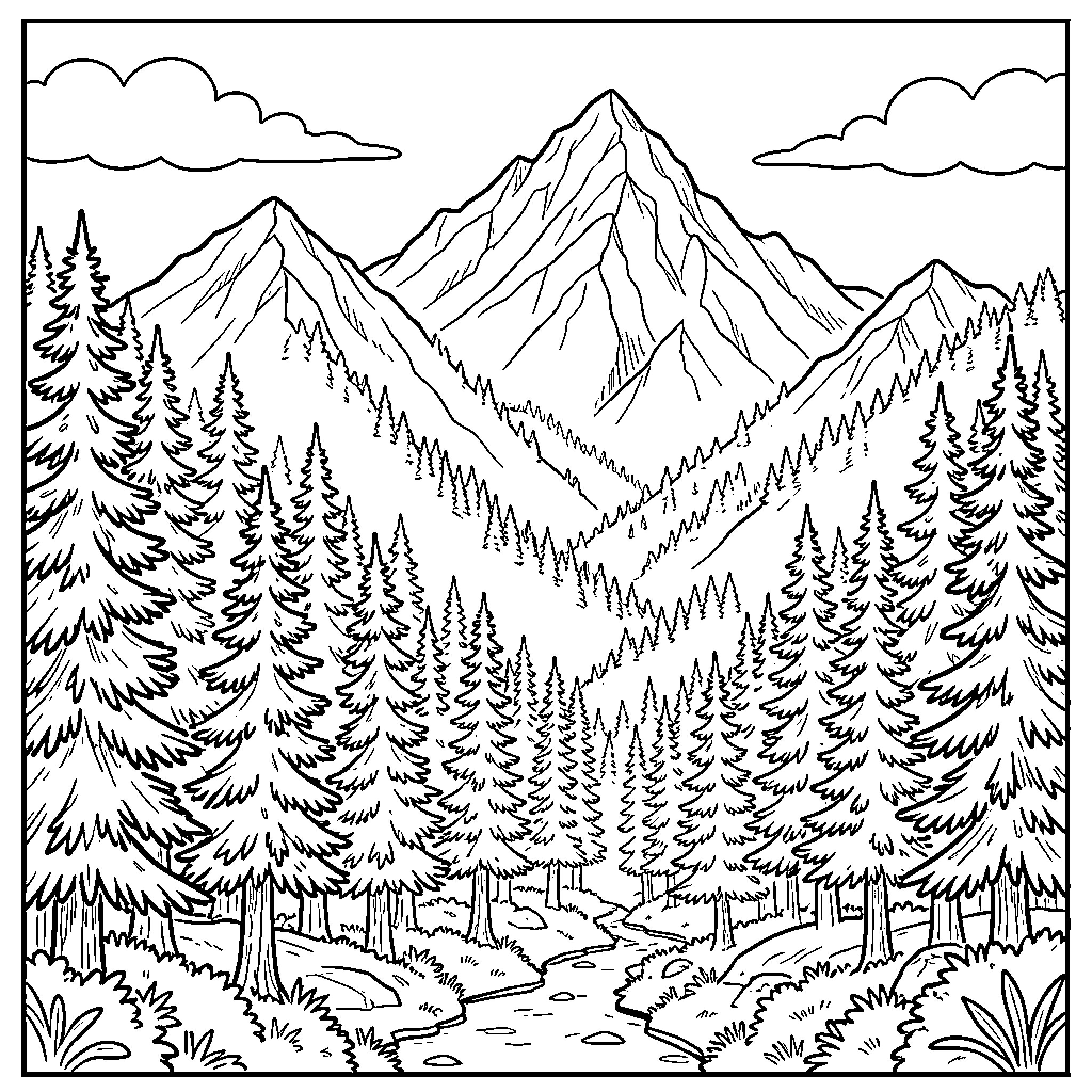 Mountain peaks rising above a dense pine forest Coloring Page (free black-and-white line drawing printable PDF for all, from beginners to advanced learners, including children, teens, adults, and seniors)