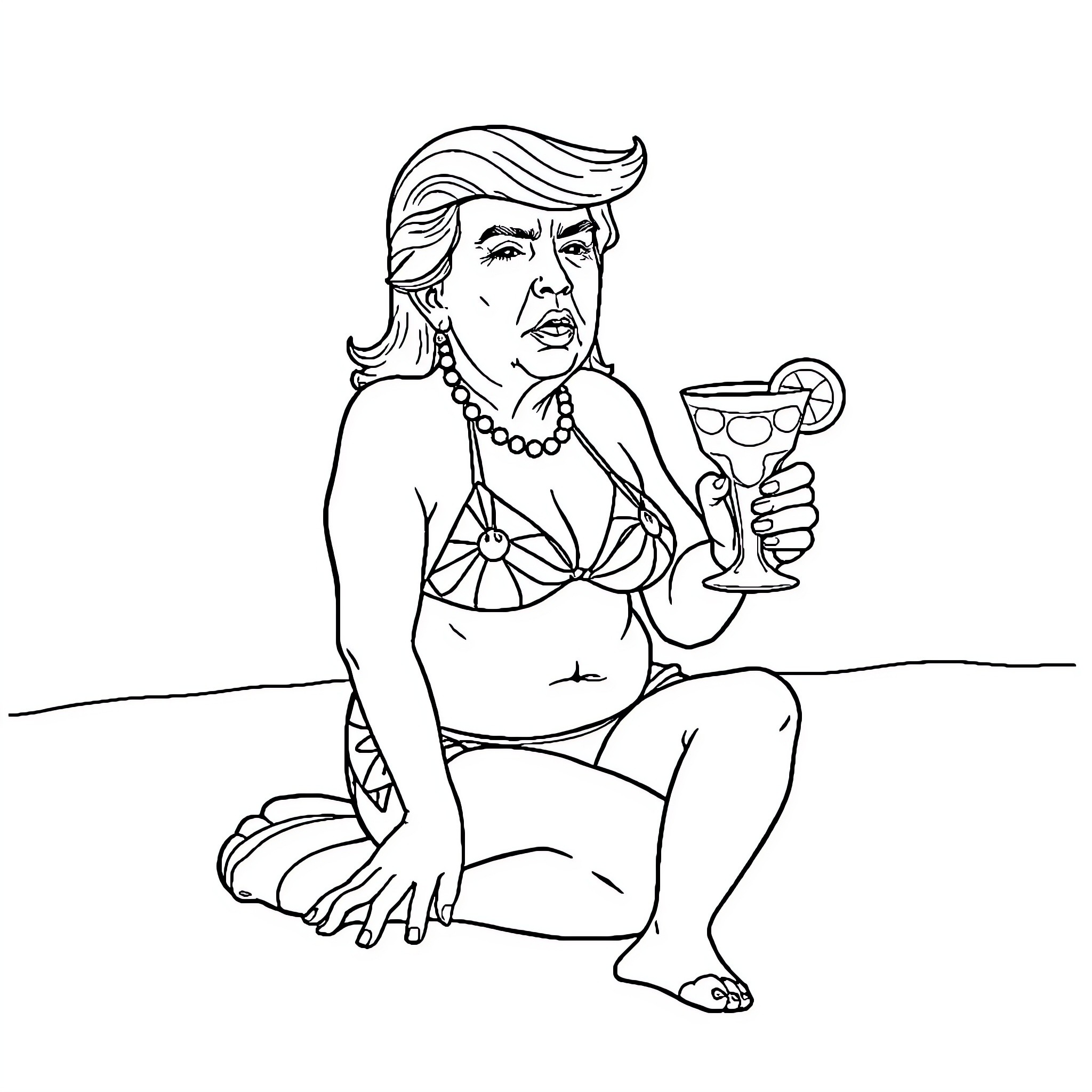Trump relaxing on the beach with a cocktail Coloring Page (free black-and-white line drawing printable PDF for all, from beginners to advanced learners, including children, teens, adults, and seniors)