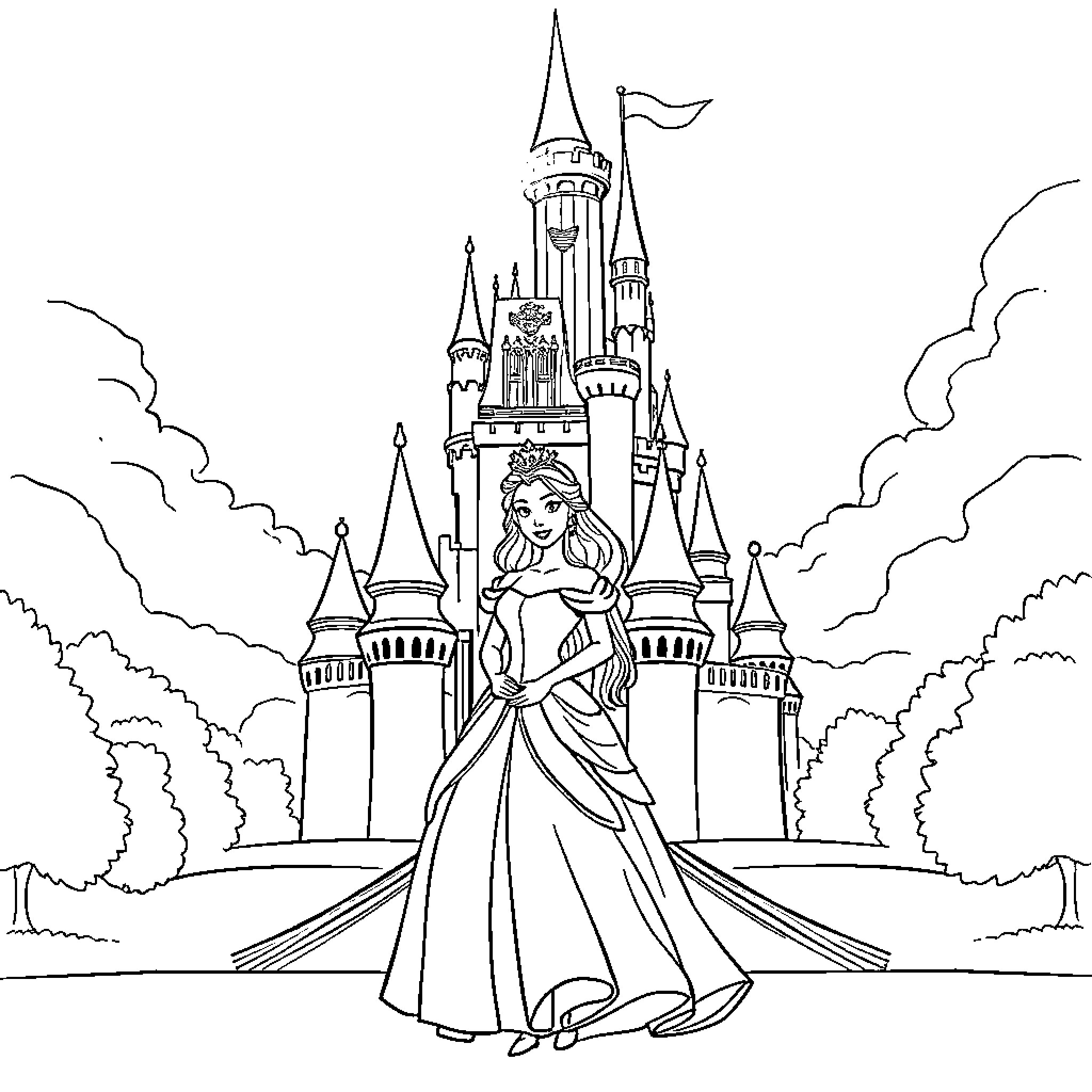 Princess in a Regal Castle Scene Coloring Page (free black-and-white line drawing printable PDF for all, from beginners to advanced learners, including children, teens, adults, and seniors)