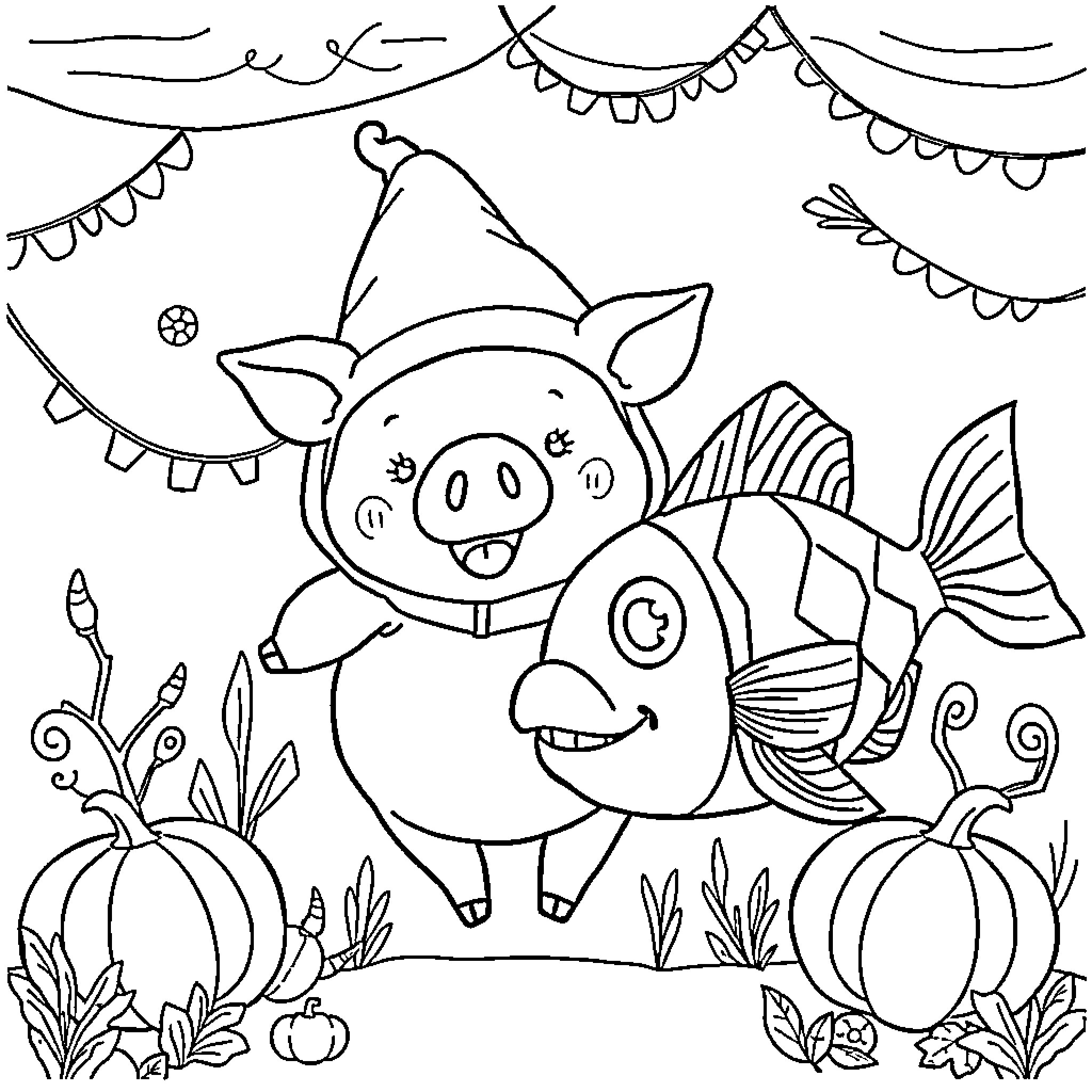 Pig playing with colorful fish in festive scene Coloring Page (free black-and-white line drawing printable PDF for all, from beginners to advanced learners, including children, teens, adults, and seniors)