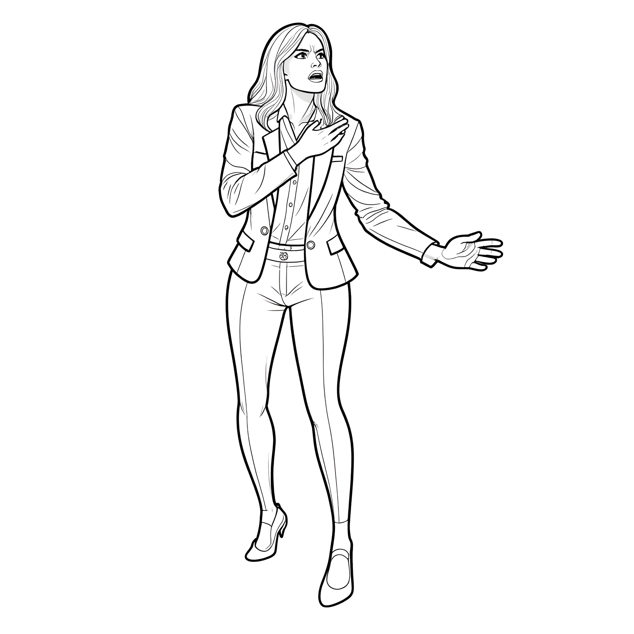Woman in business attire gesturing Coloring Page (free black-and-white line drawing printable PDF for all, from beginners to advanced learners, including children, teens, adults, and seniors)