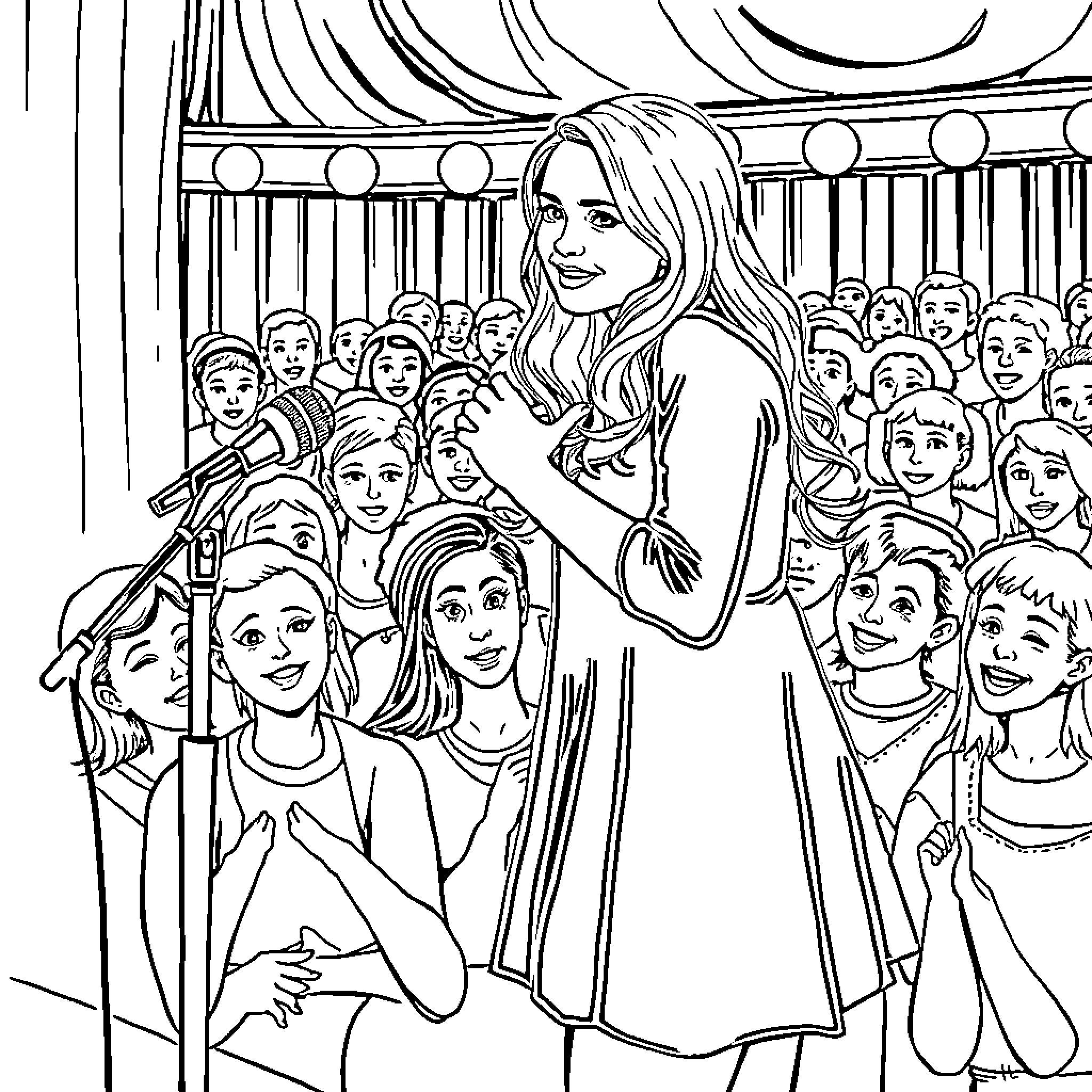 Sabrina Carpenter Performing on Stage with Audience Coloring Page (free black-and-white line drawing printable PDF for all, from beginners to advanced learners, including children, teens, adults, and seniors)