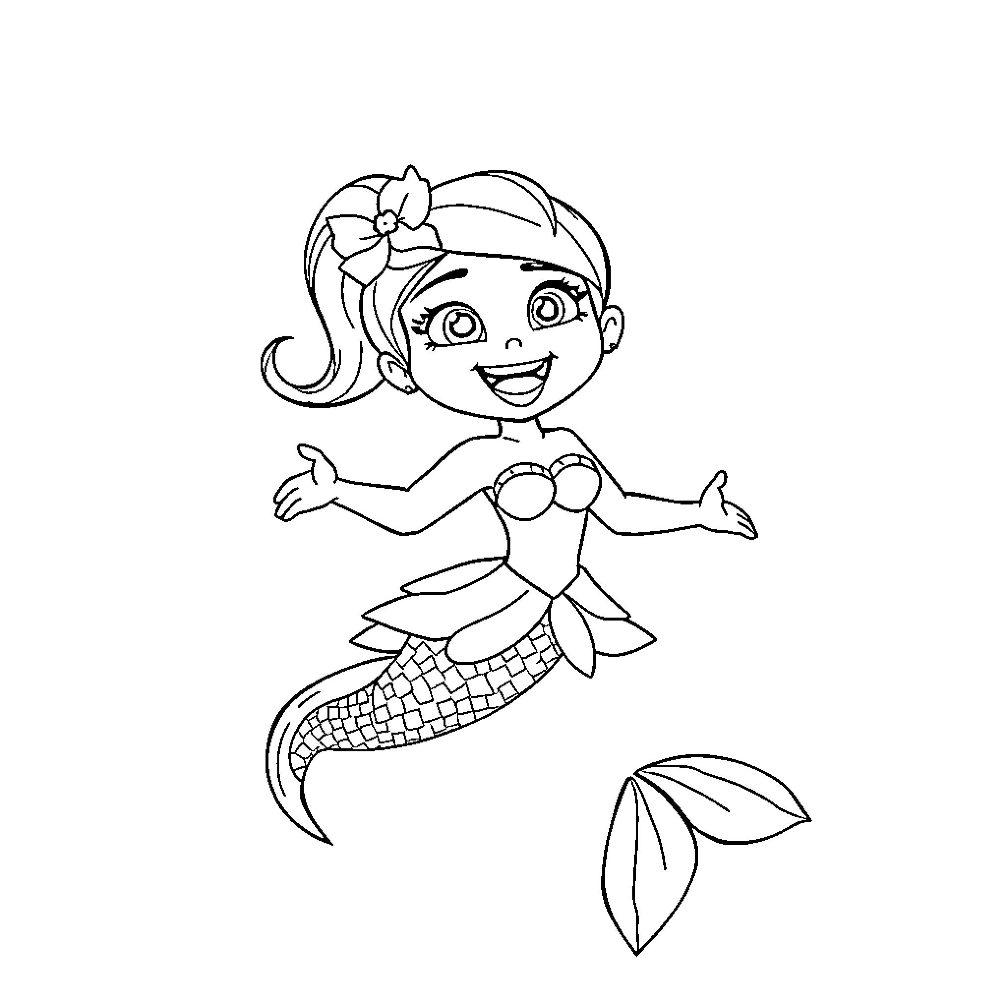 Mermaid joyfully swimming in the ocean Coloring Page (free black-and-white line drawing printable PDF for all, from beginners to advanced learners, including children, teens, adults, and seniors)