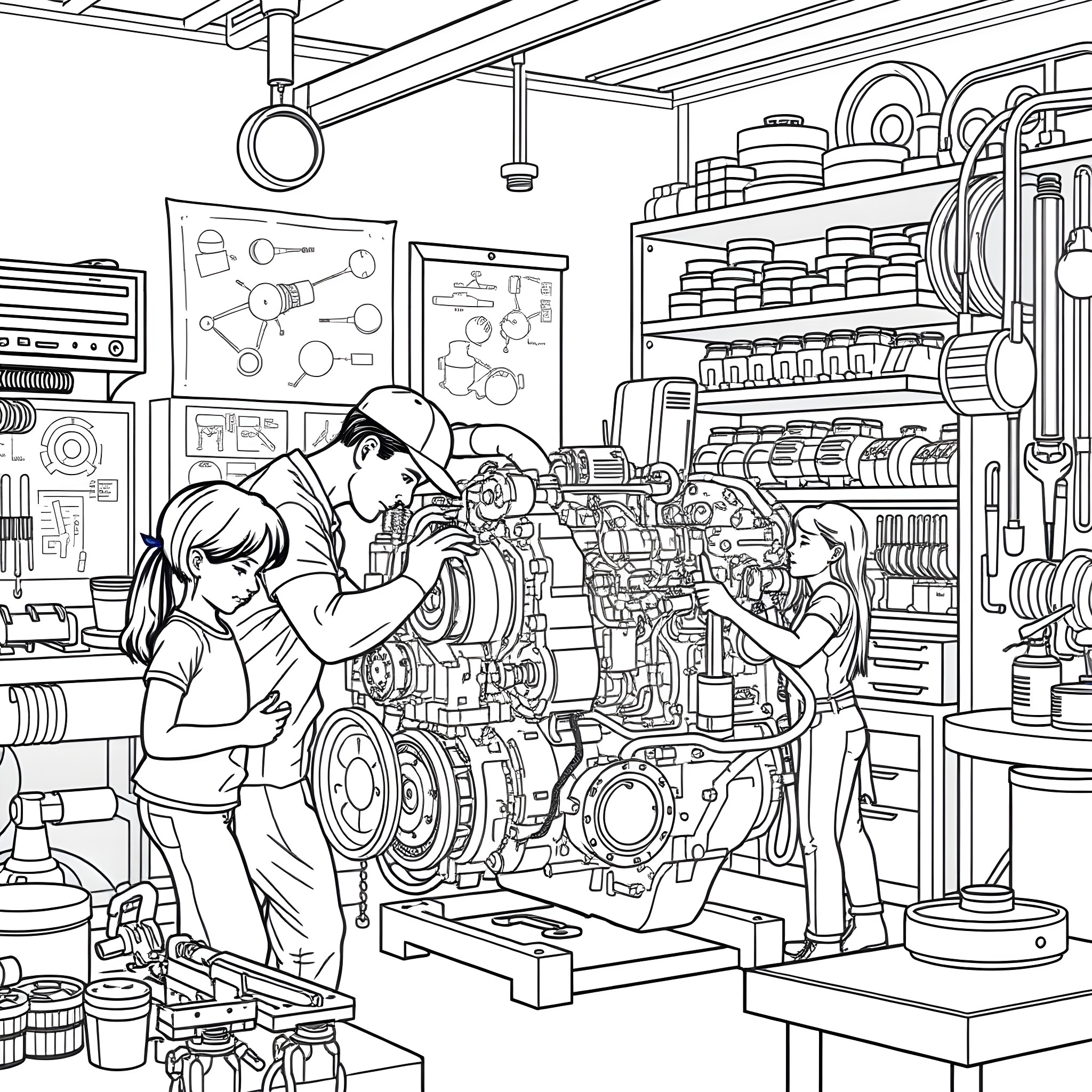 Mechanic team working on engine repairs in workshop Coloring Page (free black-and-white line drawing printable PDF for all, from beginners to advanced learners, including children, teens, adults, and seniors)