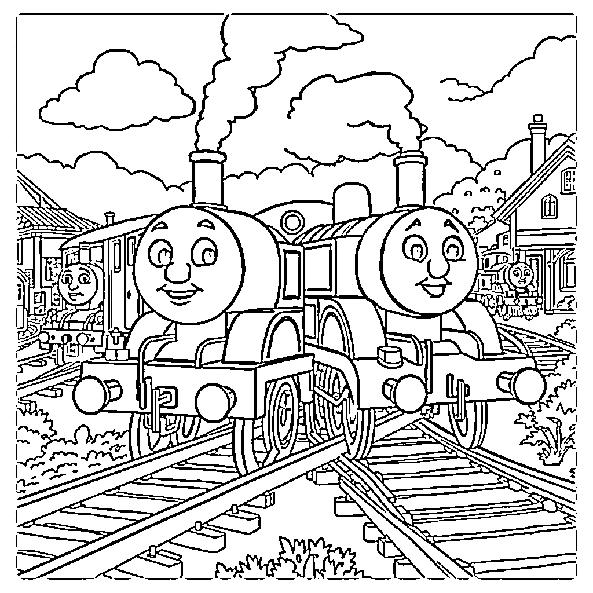 Thomas and Friends Train Engines on the Tracks Coloring Page (free black-and-white line drawing printable PDF for all, from beginners to advanced learners, including children, teens, adults, and seniors)