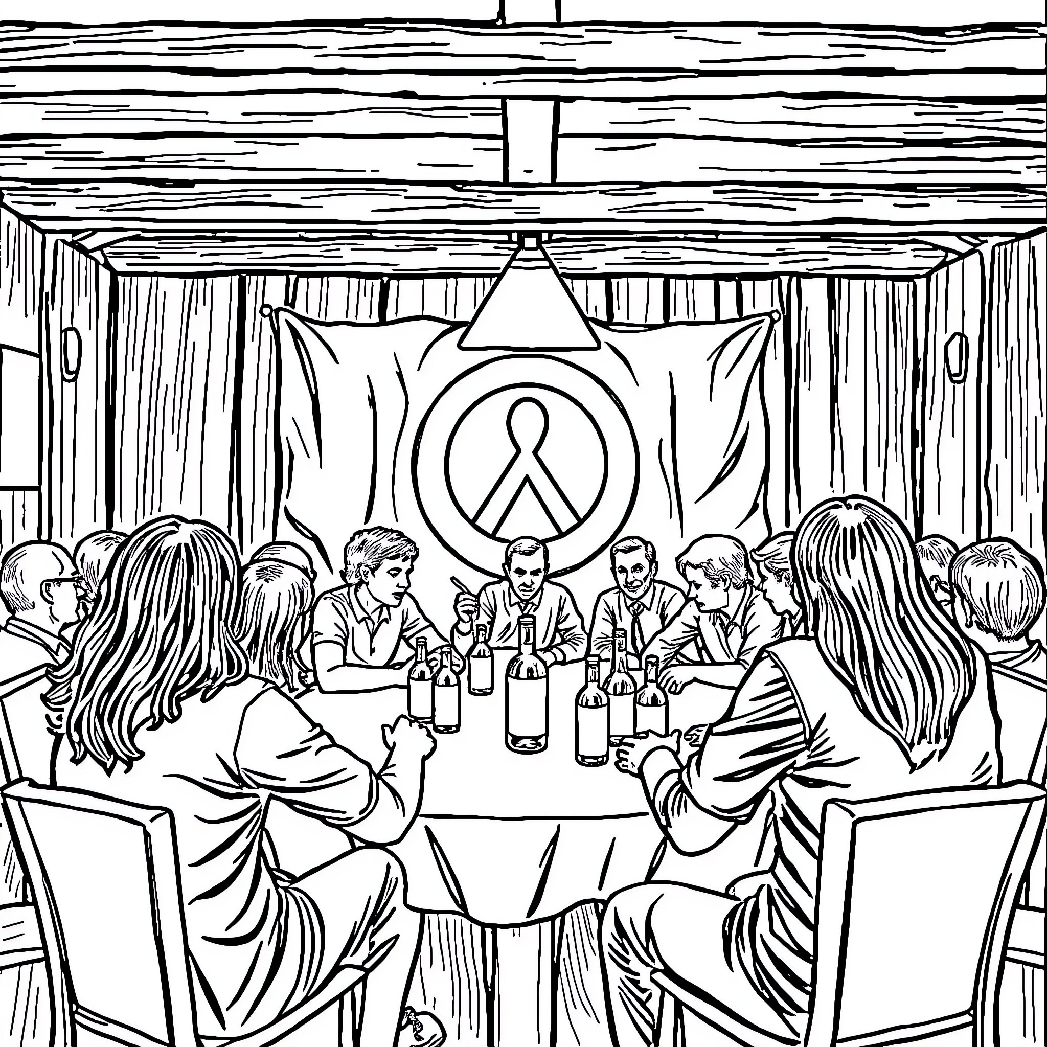 Alcoholics Anonymous members gathered in a meeting Coloring Page (free black-and-white line drawing printable PDF for all, from beginners to advanced learners, including children, teens, adults, and seniors)