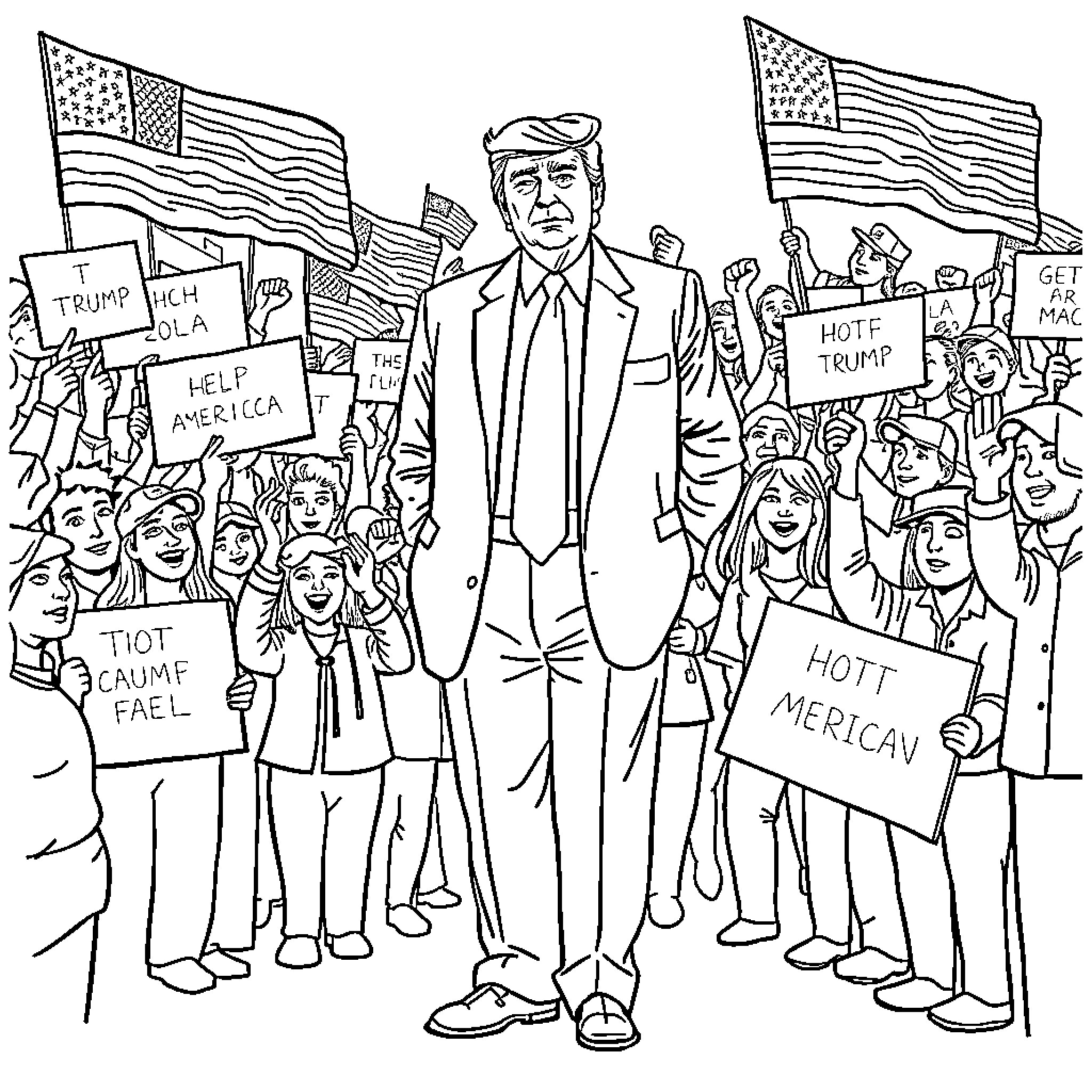 Donald Trump amidst a crowd of supporters and protesters Coloring Page (free black-and-white line drawing printable PDF for all, from beginners to advanced learners, including children, teens, adults, and seniors)