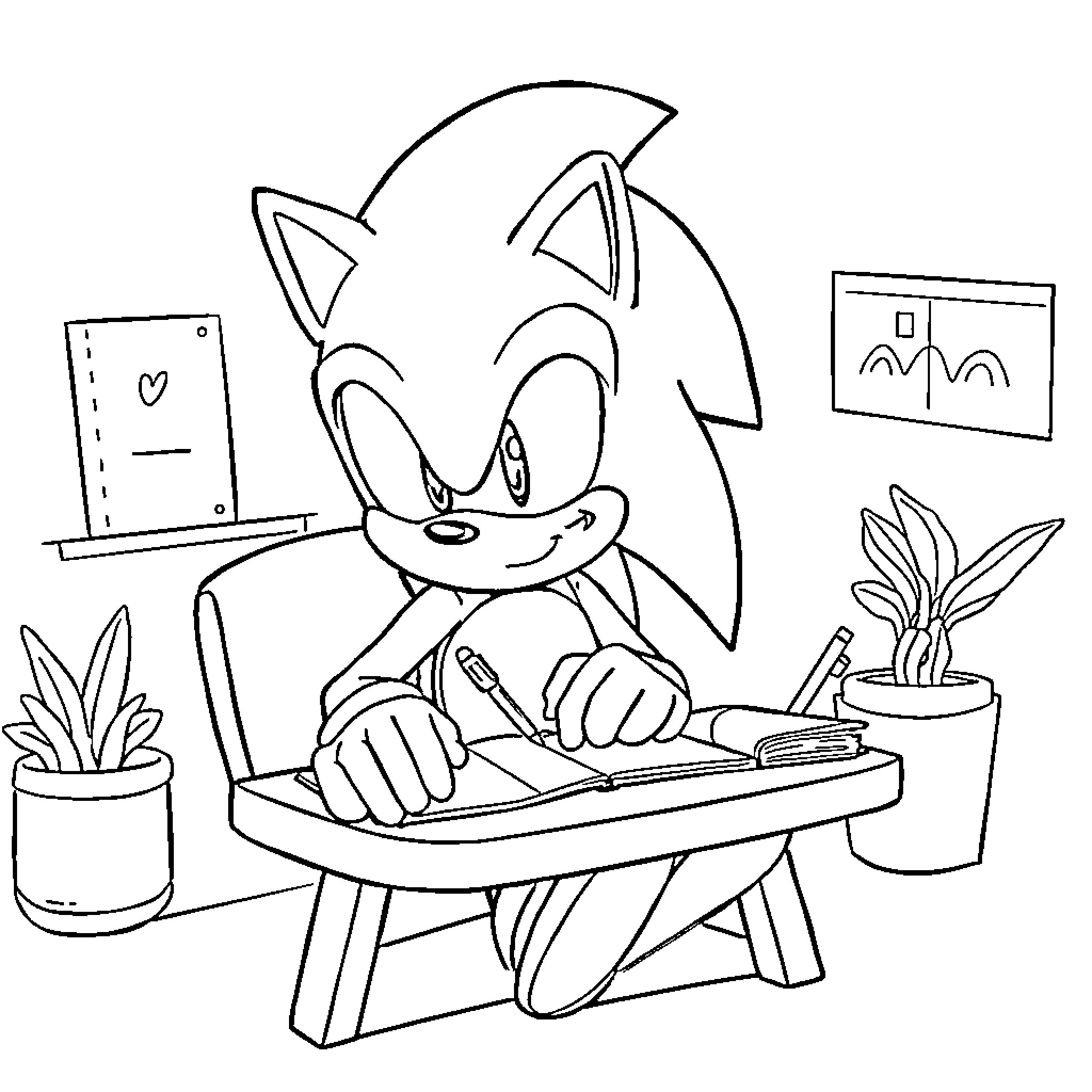 Sonic concentrating at his desk Coloring Page (free black-and-white line drawing printable PDF for all, from beginners to advanced learners, including children, teens, adults, and seniors)