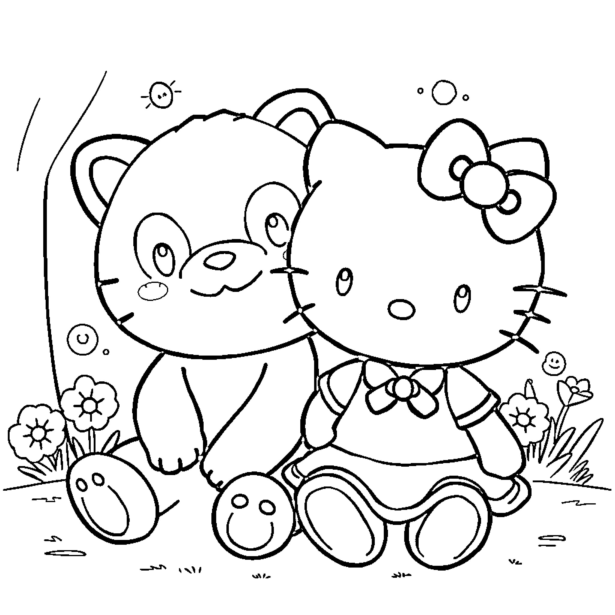 Labubu's Playful Companions in the Meadow Coloring Page (free black-and-white line drawing printable PDF for all, from beginners to advanced learners, including children, teens, adults, and seniors)