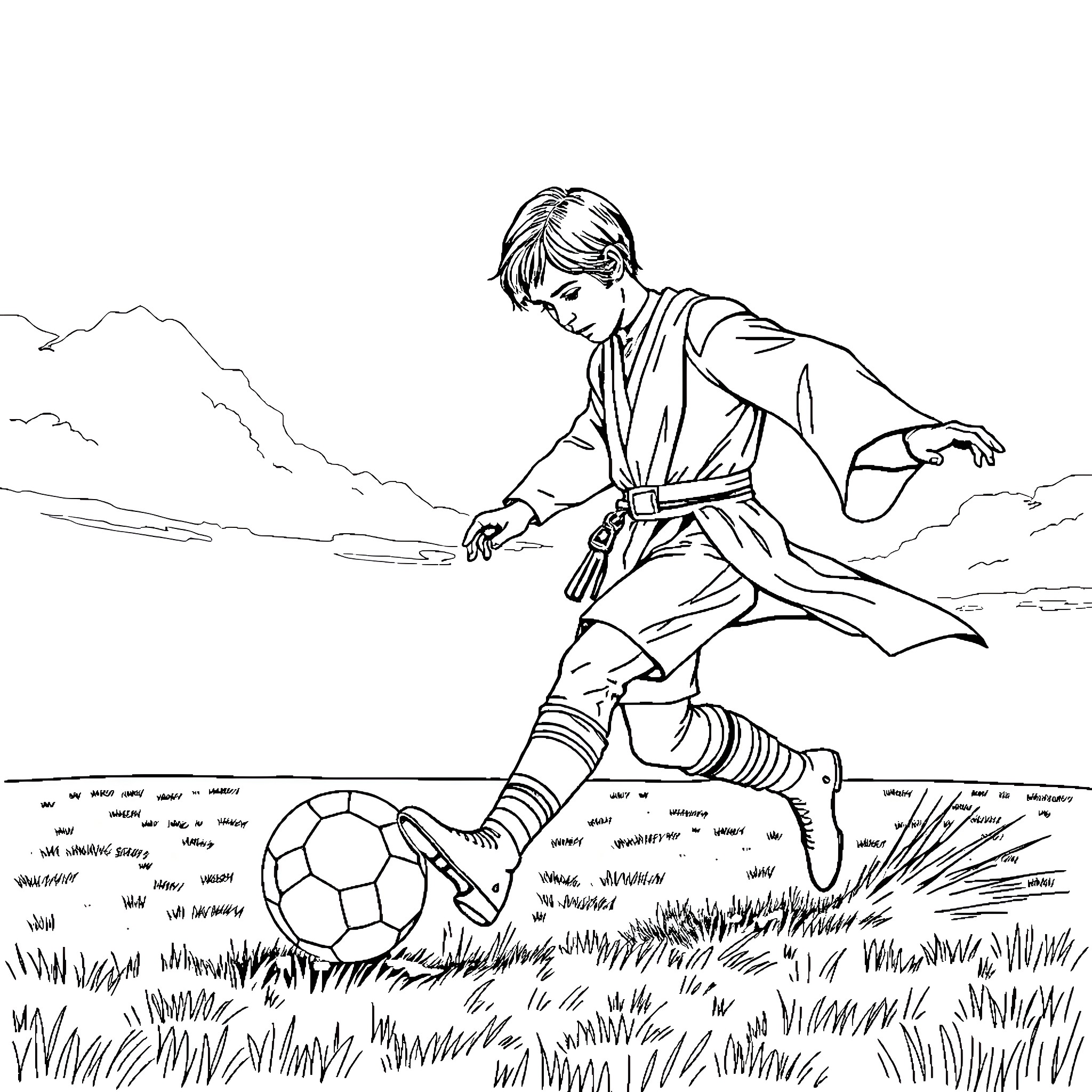 Luke Skywalker kicking a soccer ball in a field Coloring Page (free black-and-white line drawing printable PDF for all, from beginners to advanced learners, including children, teens, adults, and seniors)