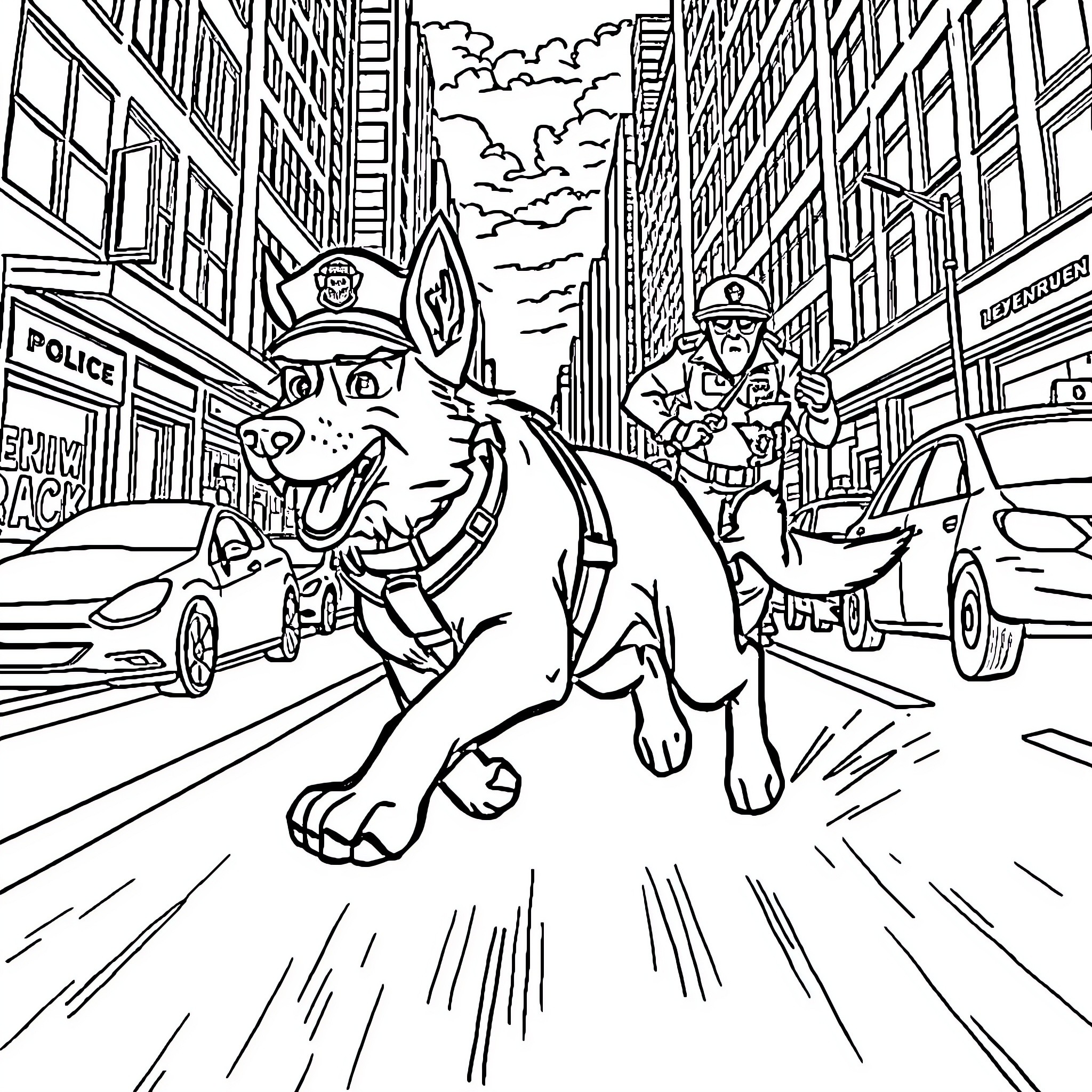 Police Dog Chasing Suspect Through City Streets Coloring Page (free black-and-white line drawing printable PDF for all, from beginners to advanced learners, including children, teens, adults, and seniors)