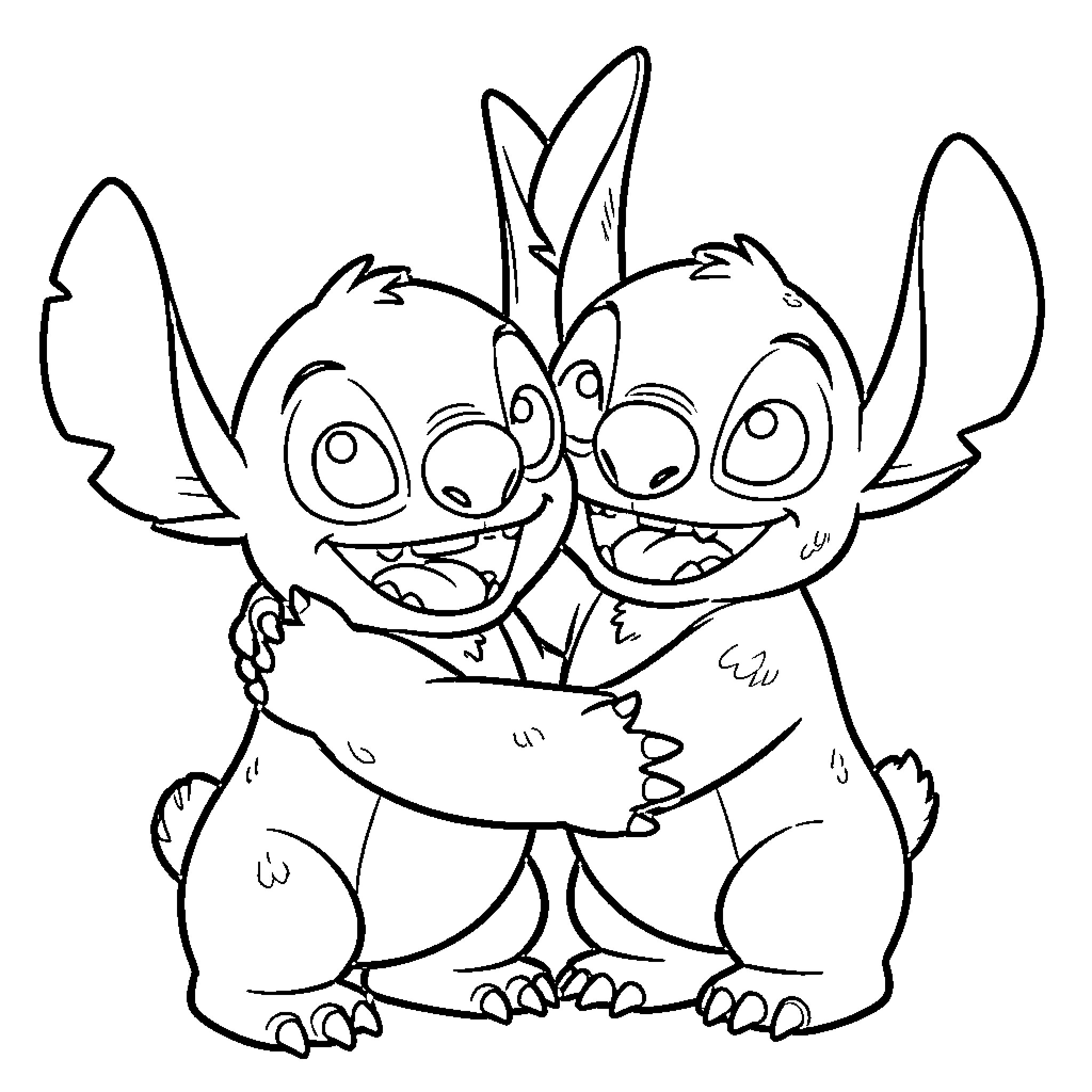 Milo and Stitch's Playful Embrace Coloring Page (free black-and-white line drawing printable PDF for all, from beginners to advanced learners, including children, teens, adults, and seniors)