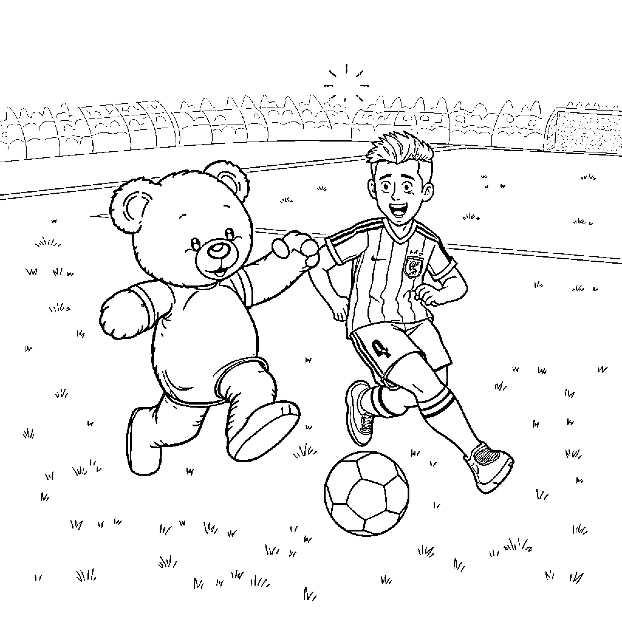 Teddy Bear and Boy Playing Soccer in the Park Coloring Page (free black-and-white line drawing printable PDF for all, from beginners to advanced learners, including children, teens, adults, and seniors)