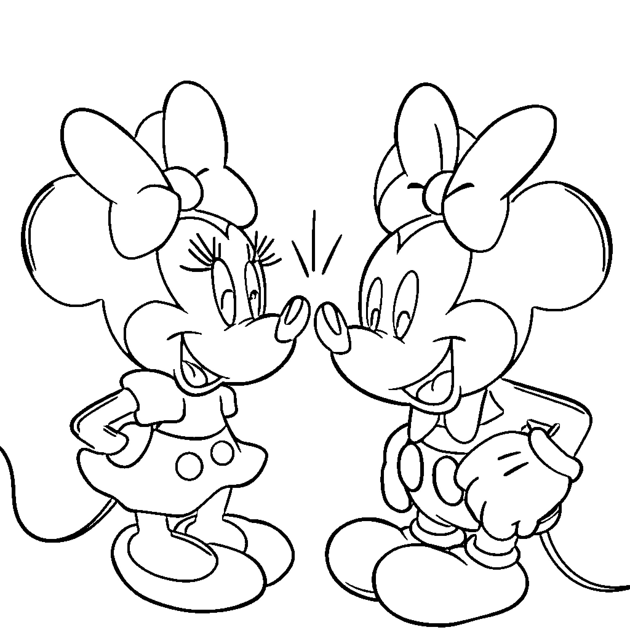 Minnie Mouse and friend in playful conversation Coloring Page (free black-and-white line drawing printable PDF for all, from beginners to advanced learners, including children, teens, adults, and seniors)