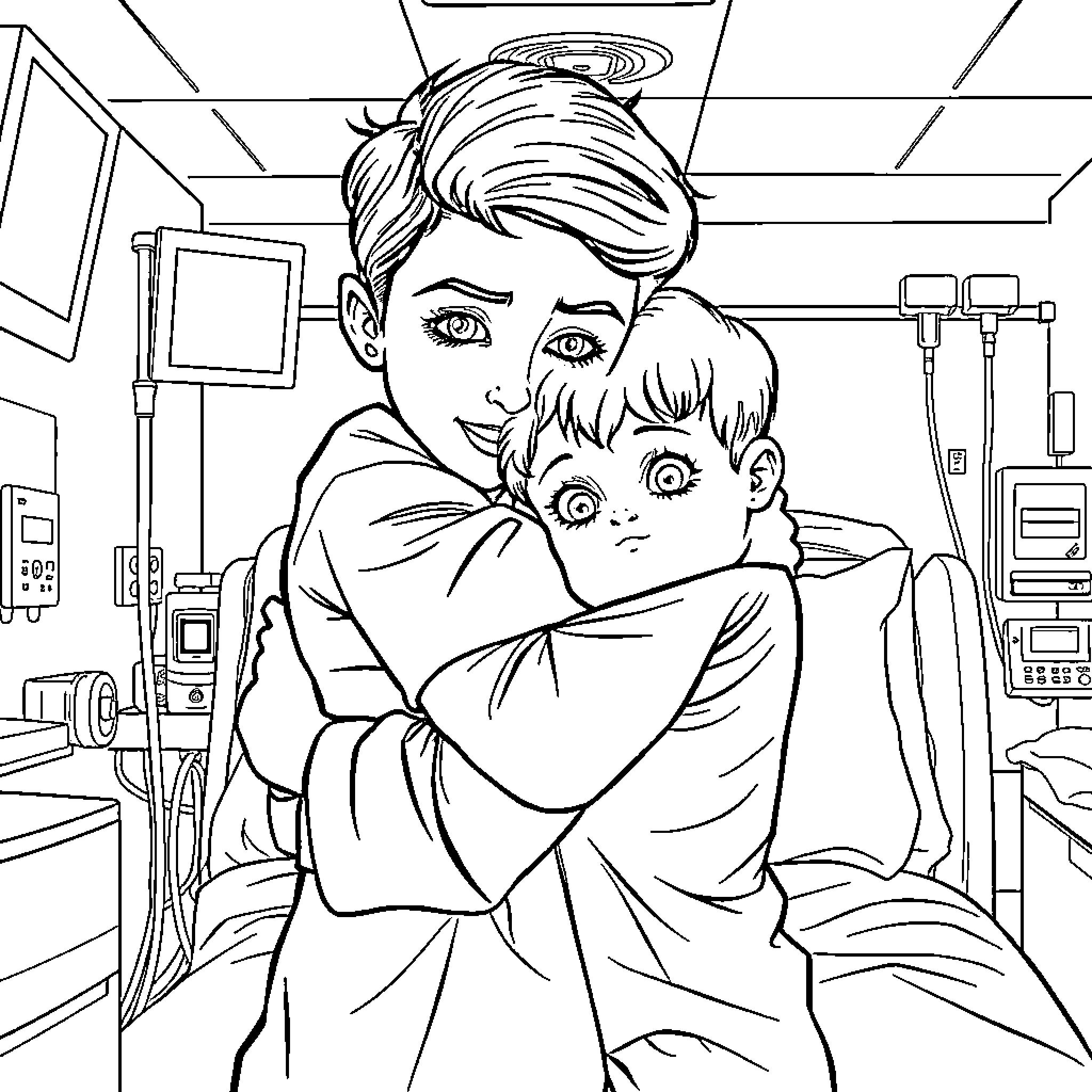 Boy Comforting Worried Child in Medical Setting Coloring Page (free black-and-white line drawing printable PDF for all, from beginners to advanced learners, including children, teens, adults, and seniors)