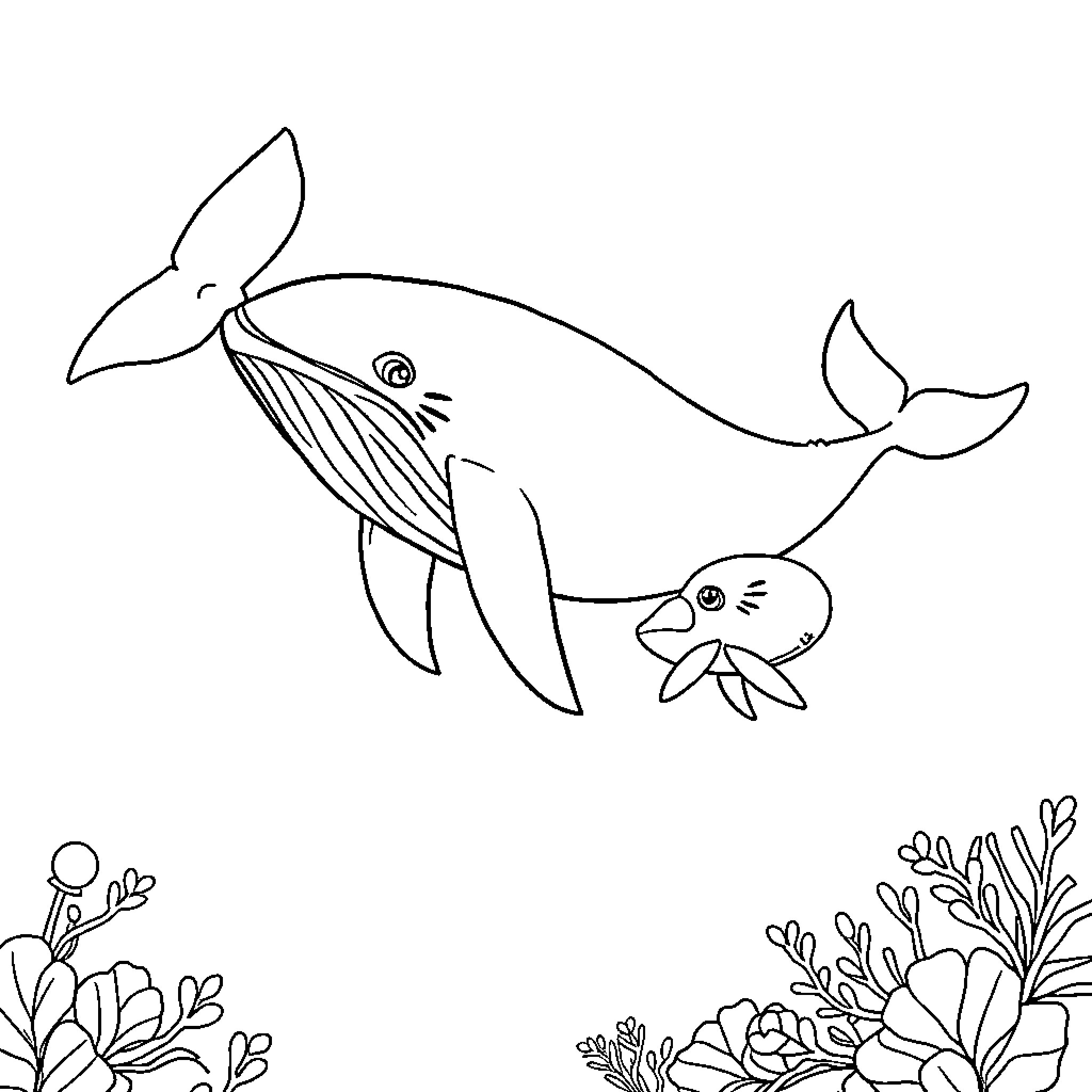 Whale family exploring underwater world Coloring Page (free black-and-white line drawing printable PDF for all, from beginners to advanced learners, including children, teens, adults, and seniors)