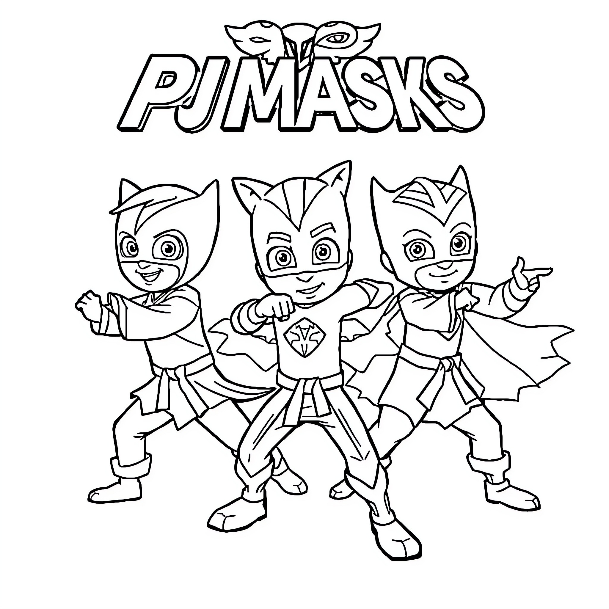 Pyjamasks characters in action poses Coloring Page (free black-and-white line drawing printable PDF for all, from beginners to advanced learners, including children, teens, adults, and seniors)