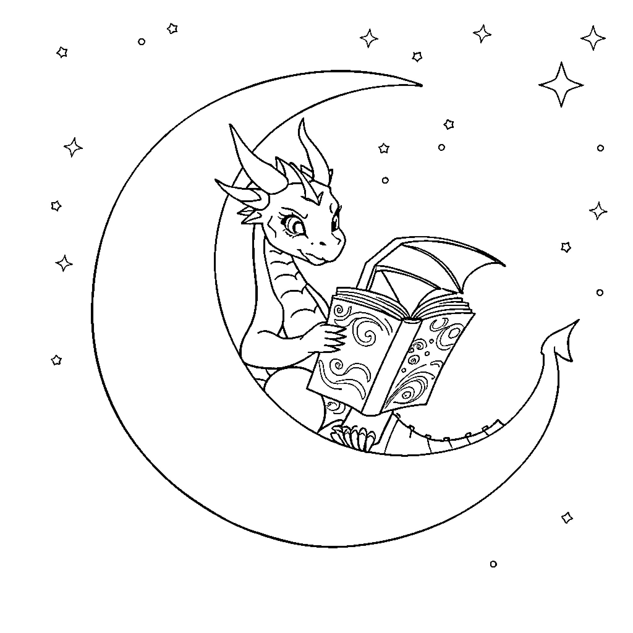Dragon reading a magical book under the moon Coloring Page (free black-and-white line drawing printable PDF for all, from beginners to advanced learners, including children, teens, adults, and seniors)