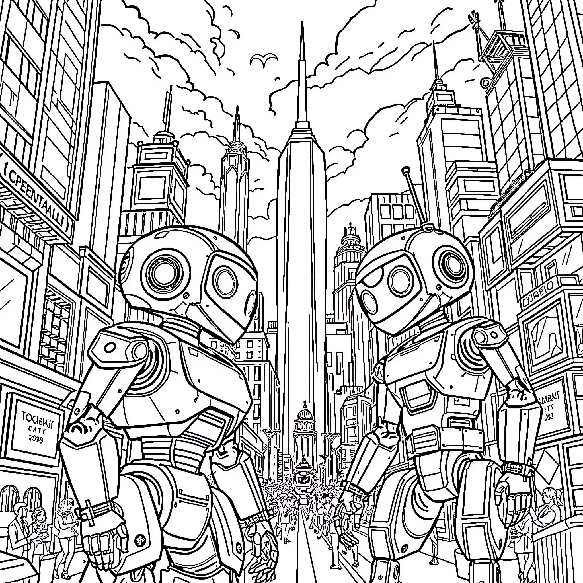 Robot Duo Exploring Futuristic City Skyline Coloring Page (free black-and-white line drawing printable PDF for all, from beginners to advanced learners, including children, teens, adults, and seniors)