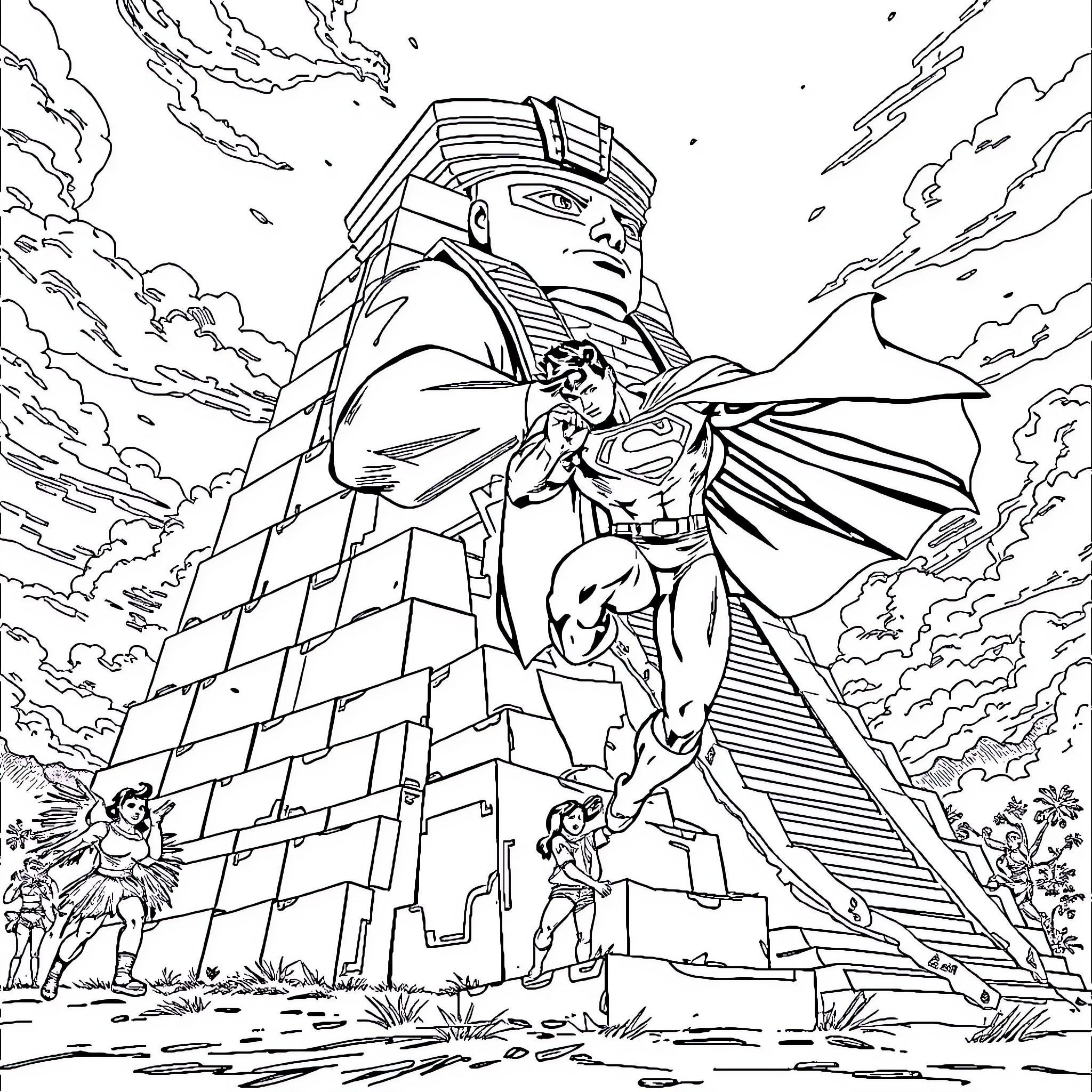 Superman heroically flying over ancient pyramid Coloring Page (free black-and-white line drawing printable PDF for all, from beginners to advanced learners, including children, teens, adults, and seniors)