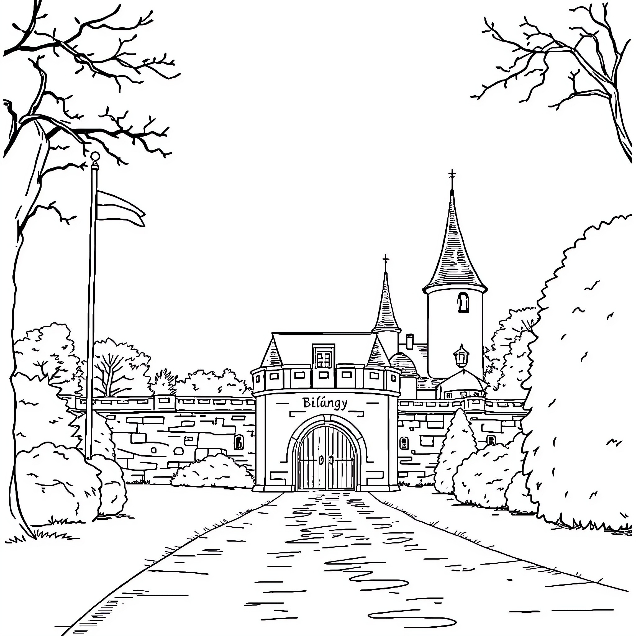 Rondache of a medieval castle gateway Coloring Page (free black-and-white line drawing printable PDF for all, from beginners to advanced learners, including children, teens, adults, and seniors)
