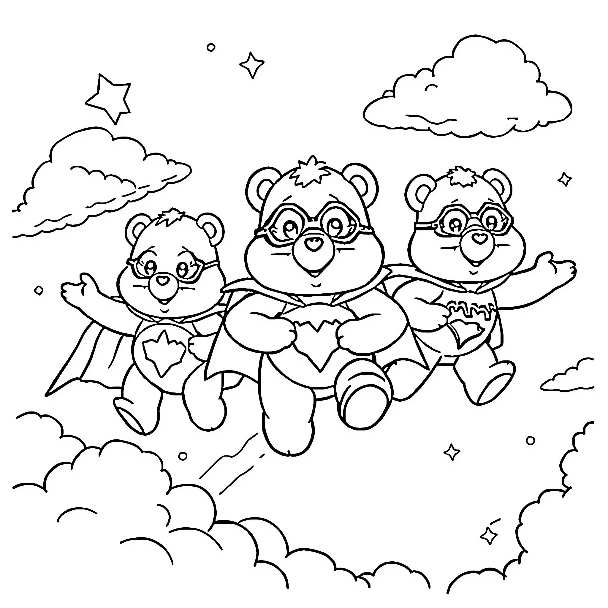 Carebear friends soaring through the clouds Coloring Page (free black-and-white line drawing printable PDF for all, from beginners to advanced learners, including children, teens, adults, and seniors)