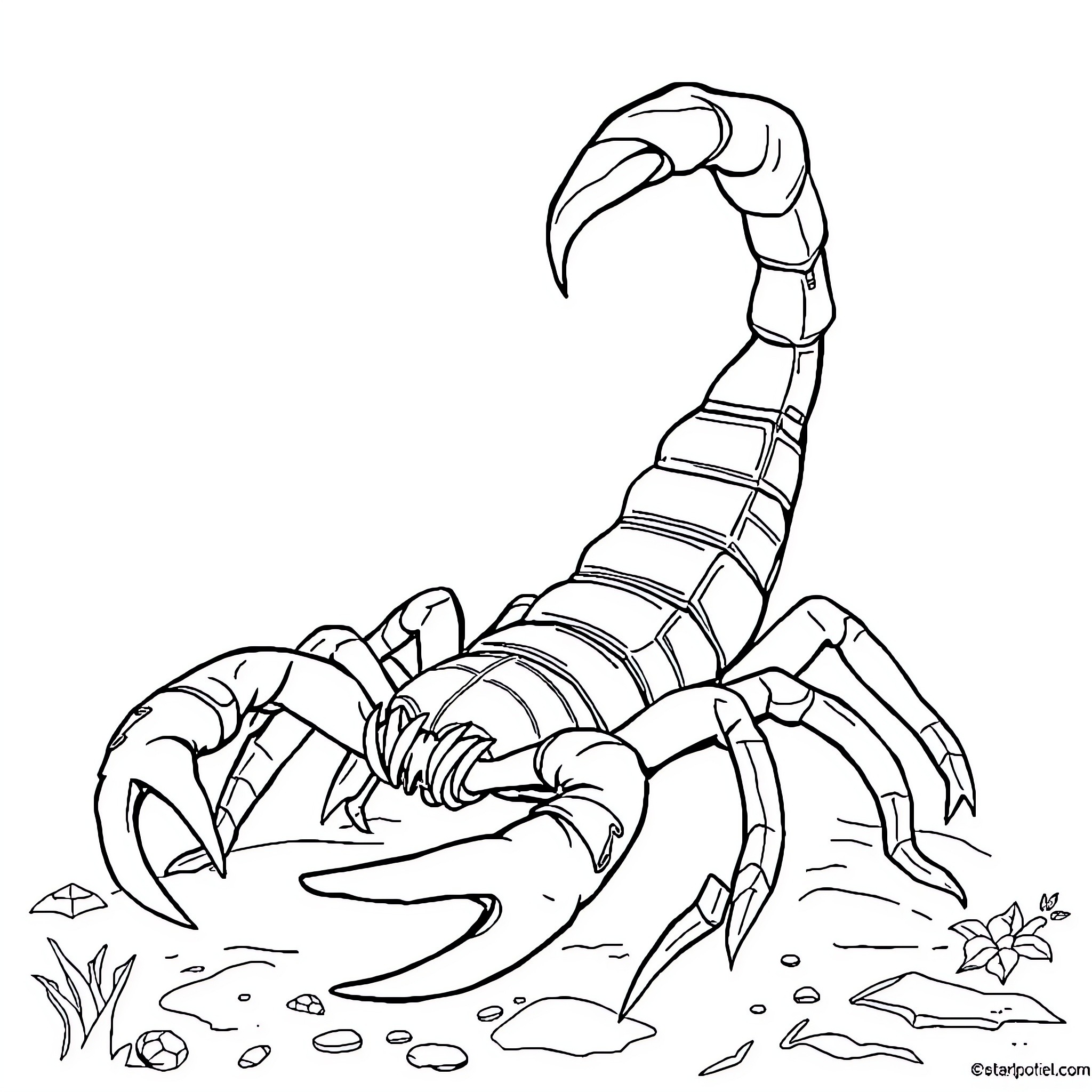 Scorpion Lurking in the Desert Coloring Page (free black-and-white line drawing printable PDF for all, from beginners to advanced learners, including children, teens, adults, and seniors)