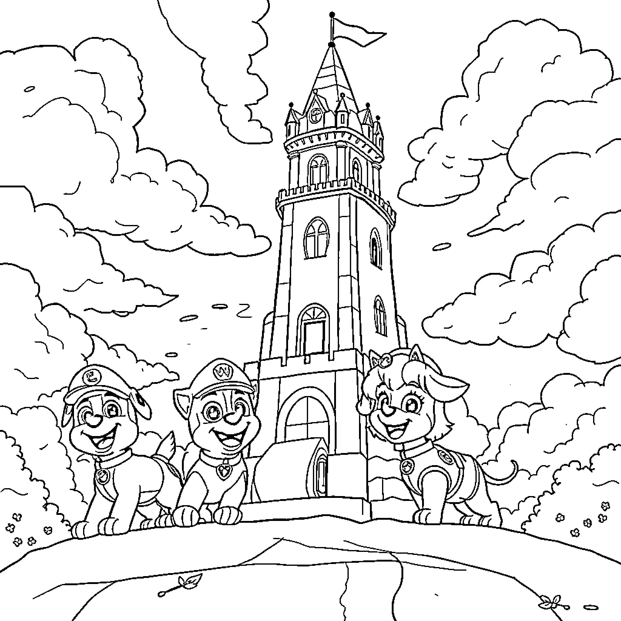 Puppy Pals Explore Enchanted Castle Coloring Page (free black-and-white line drawing printable PDF for all, from beginners to advanced learners, including children, teens, adults, and seniors)