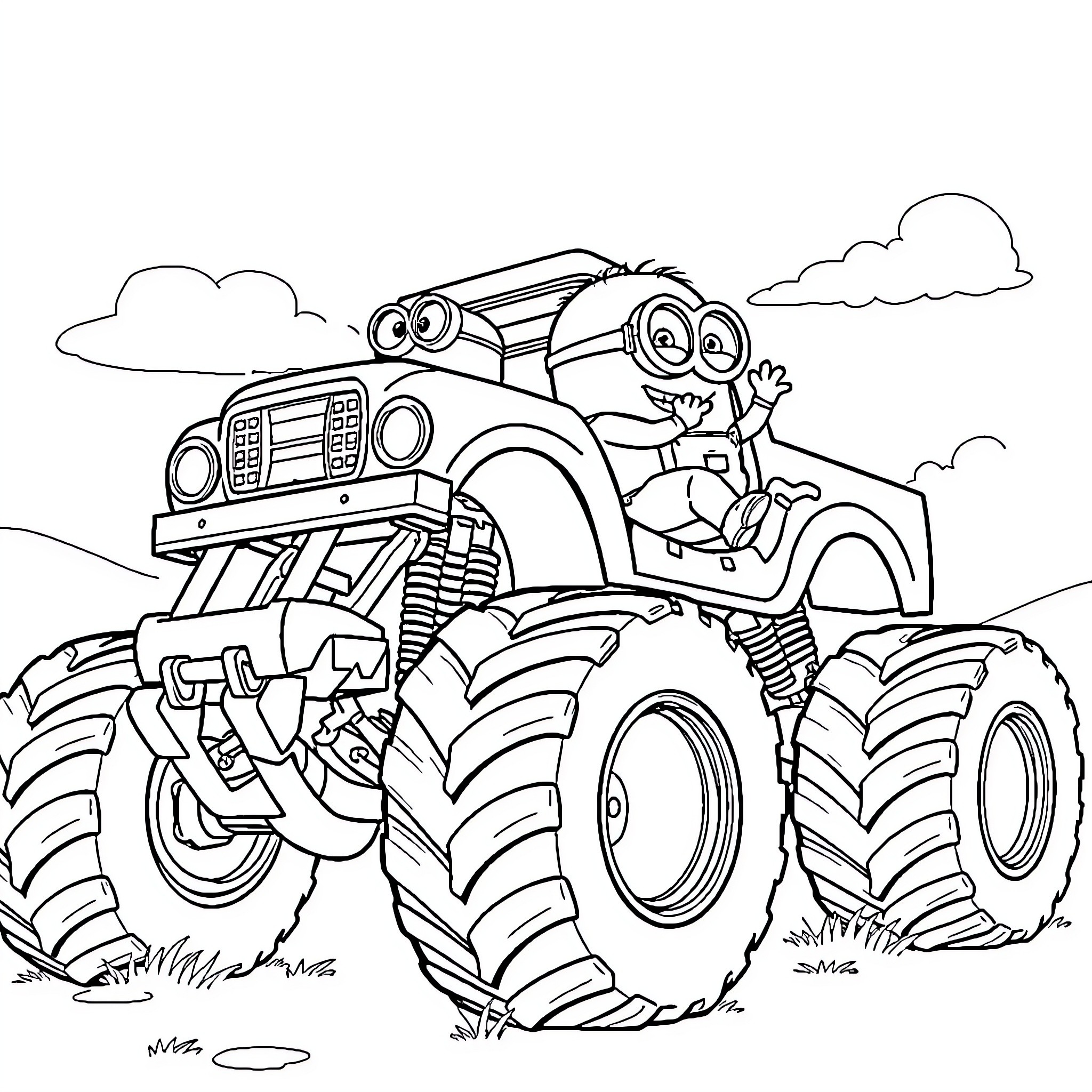 Minions driving a monster truck over hills Coloring Page (free black-and-white line drawing printable PDF for all, from beginners to advanced learners, including children, teens, adults, and seniors)