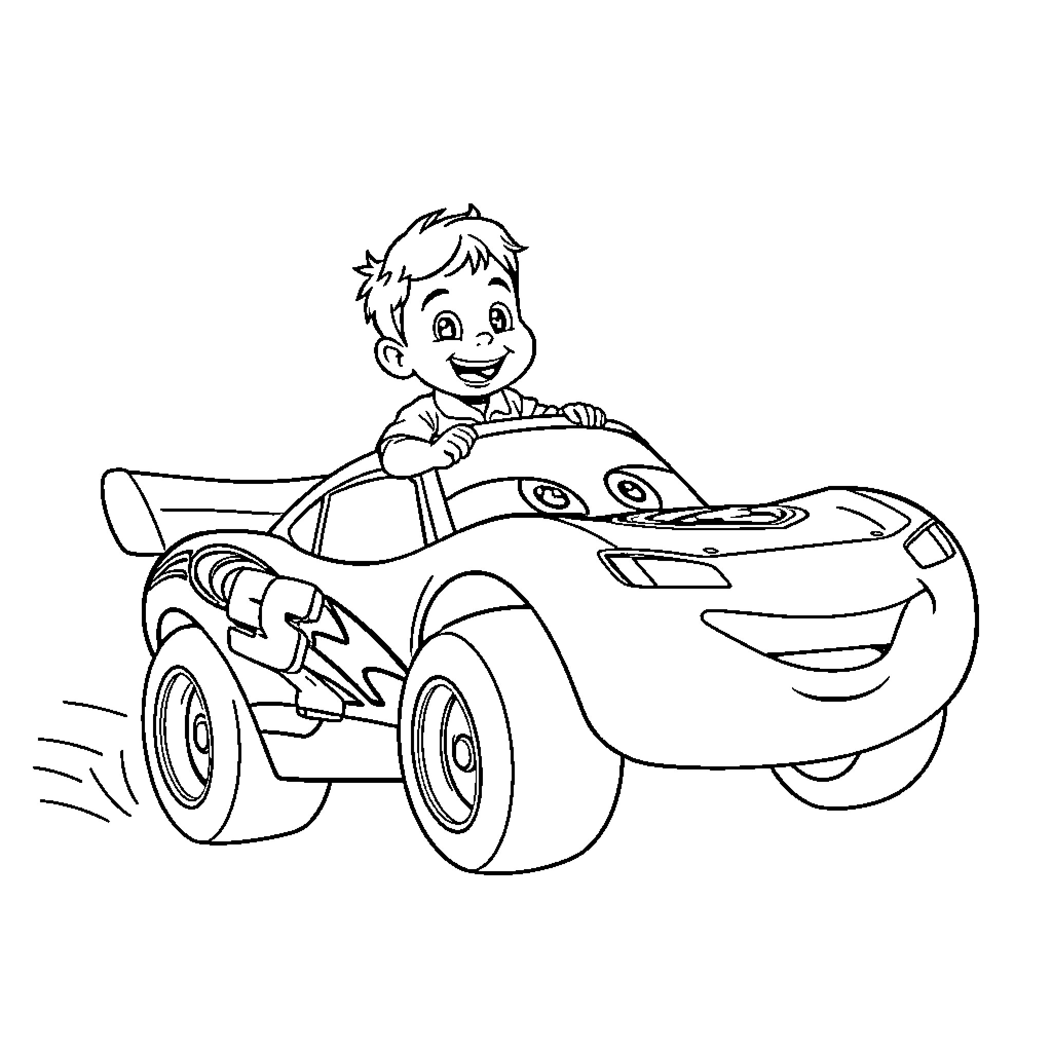Boy driving a toy race car happily Coloring Page (free black-and-white line drawing printable PDF for all, from beginners to advanced learners, including children, teens, adults, and seniors)