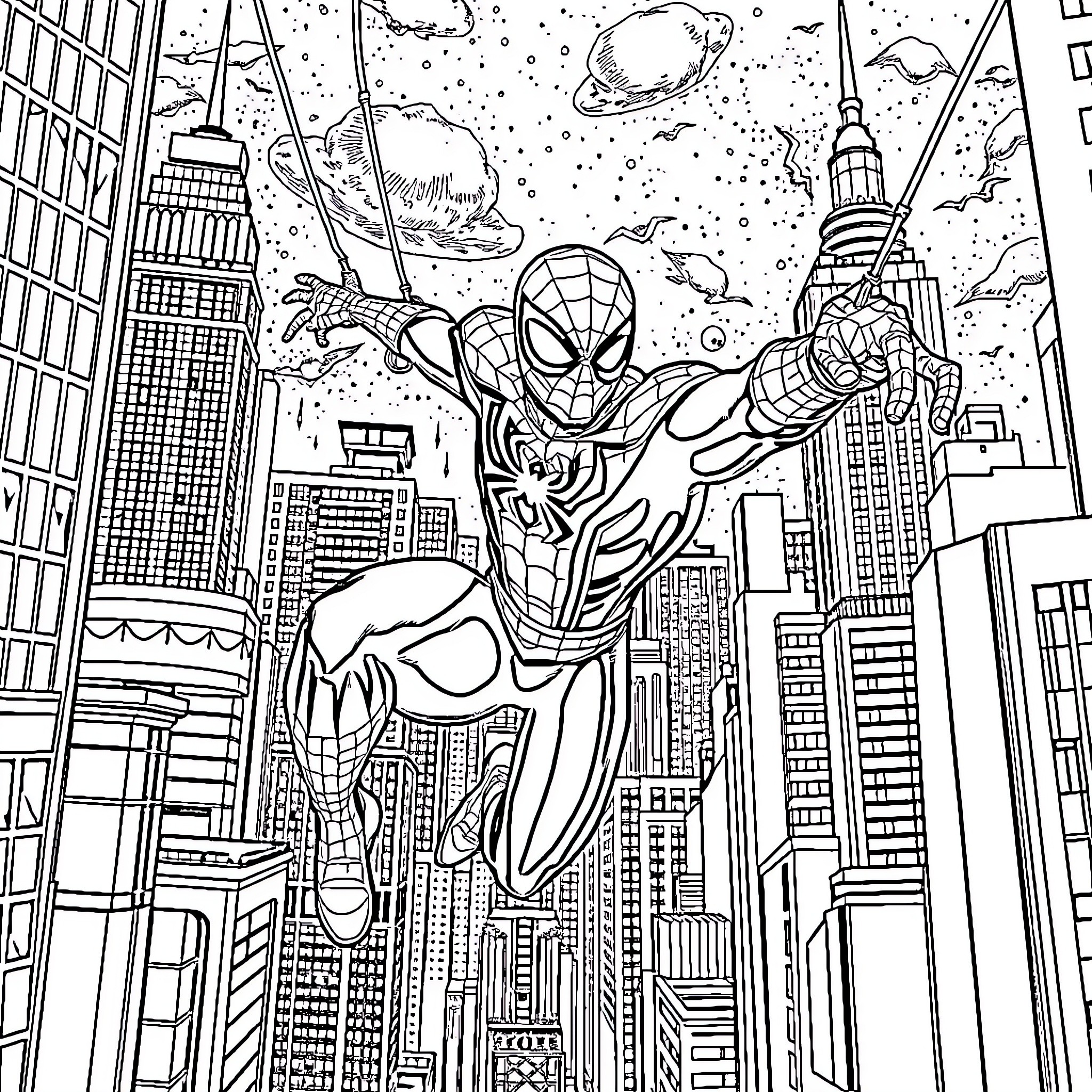 Spiderman swinging through the cityscape Coloring Page (free black-and-white line drawing printable PDF for all, from beginners to advanced learners, including children, teens, adults, and seniors)