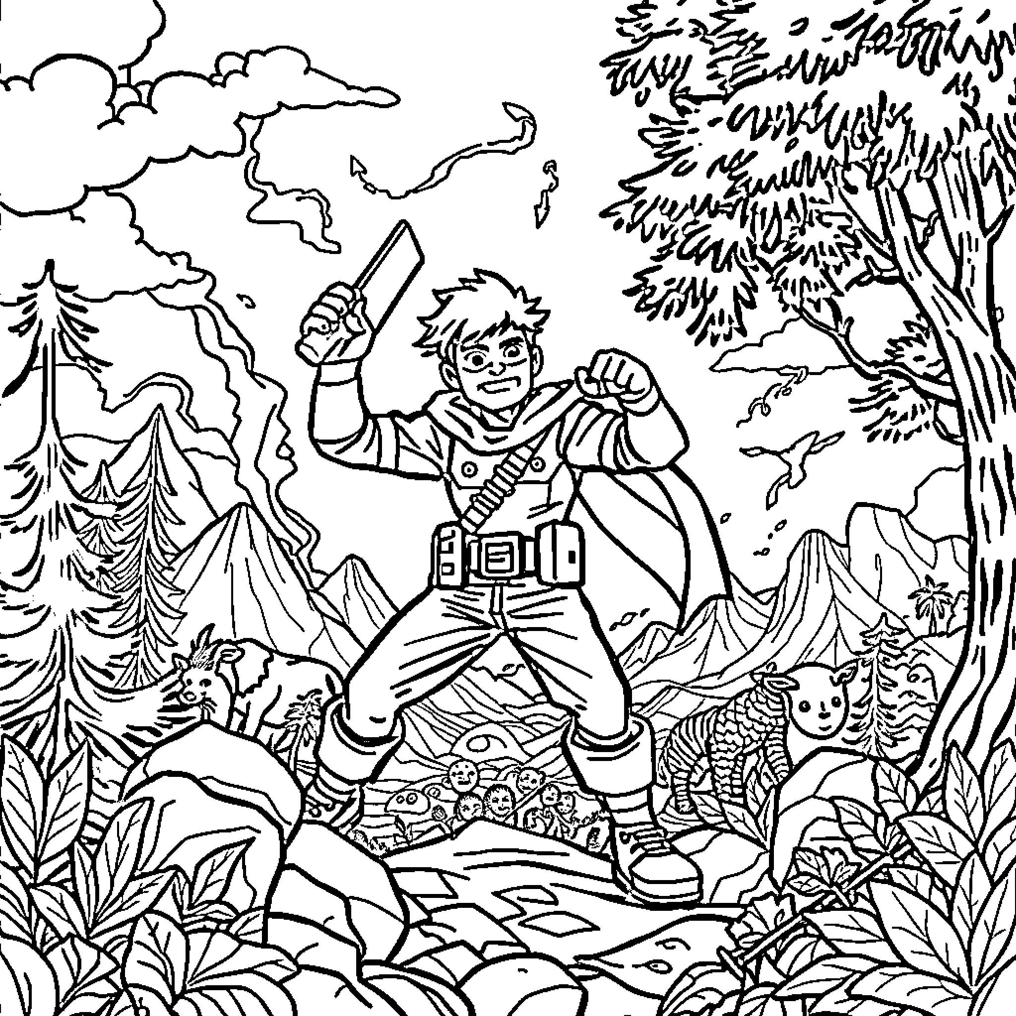 Hero Adventuring Through the Wilderness Coloring Page (free black-and-white line drawing printable PDF for all, from beginners to advanced learners, including children, teens, adults, and seniors)