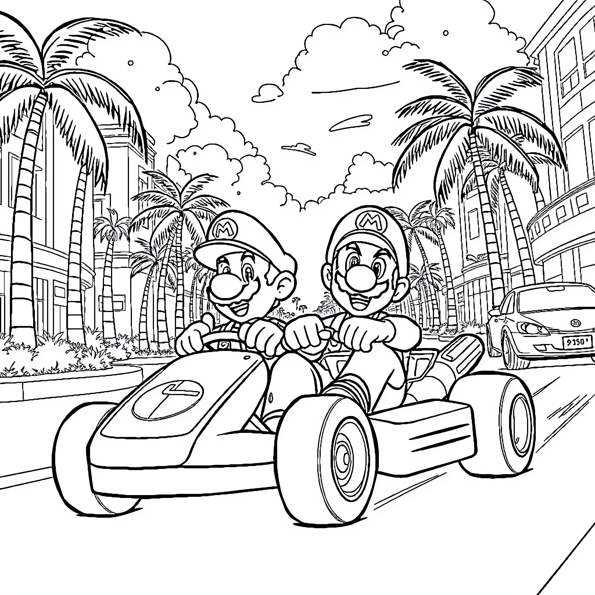 Mario's Tropical Kart Adventure Coloring Page (free black-and-white line drawing printable PDF for all, from beginners to advanced learners, including children, teens, adults, and seniors)