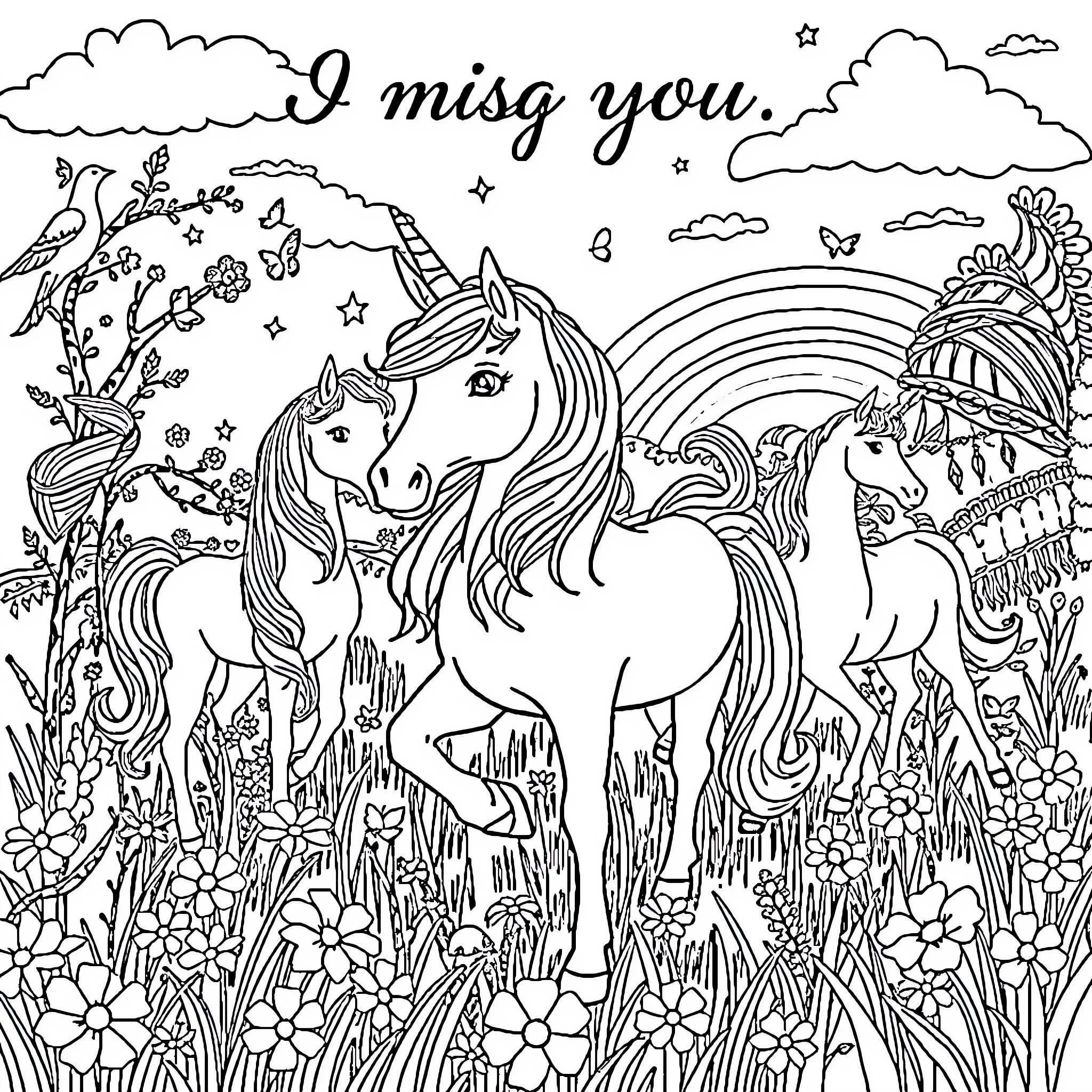 Unicorn Frolicking in Enchanted Meadow Coloring Page (free black-and-white line drawing printable PDF for all, from beginners to advanced learners, including children, teens, adults, and seniors)