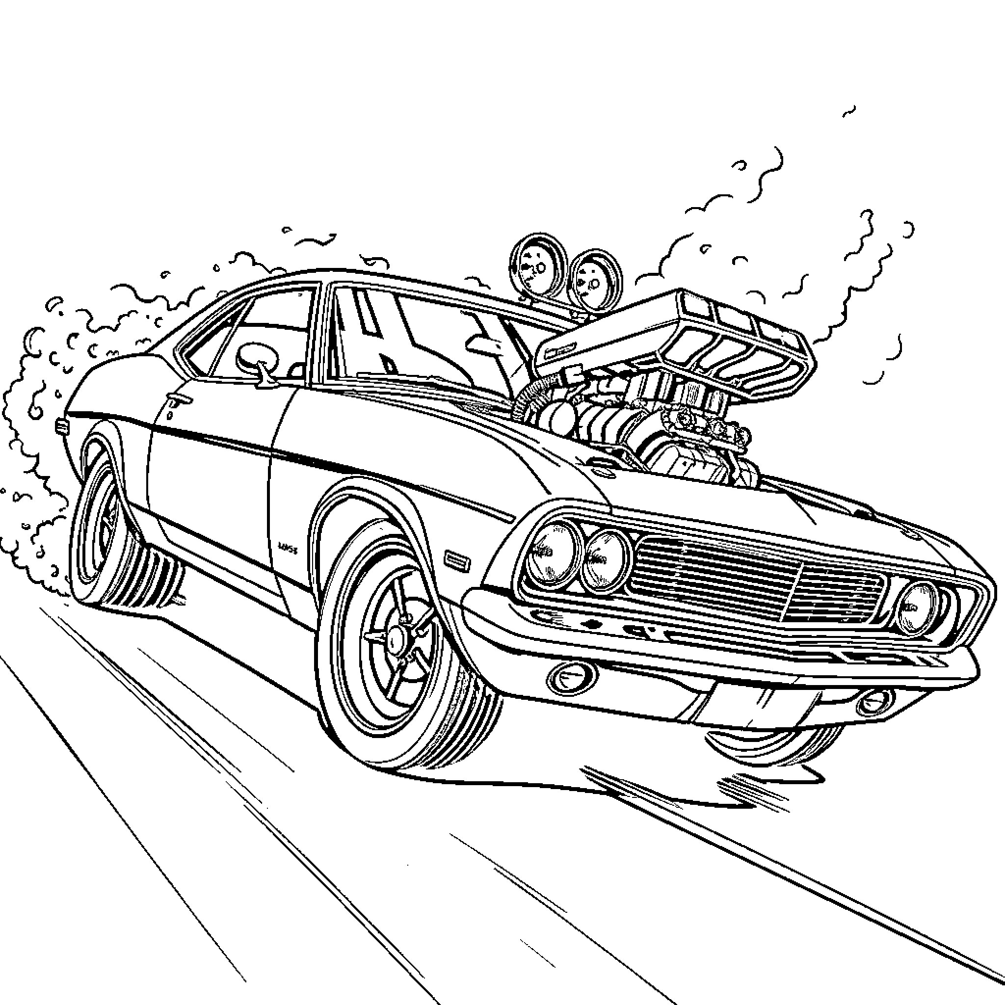 Muscle Car in Dramatic High-Speed Chase Coloring Page (free black-and-white line drawing printable PDF for all, from beginners to advanced learners, including children, teens, adults, and seniors)