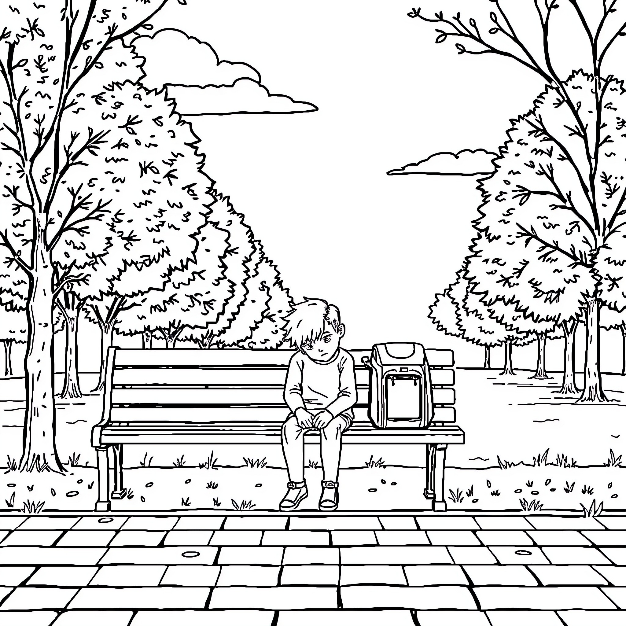 Teenager sitting alone on a park bench Coloring Page (free black-and-white line drawing printable PDF for all, from beginners to advanced learners, including children, teens, adults, and seniors)