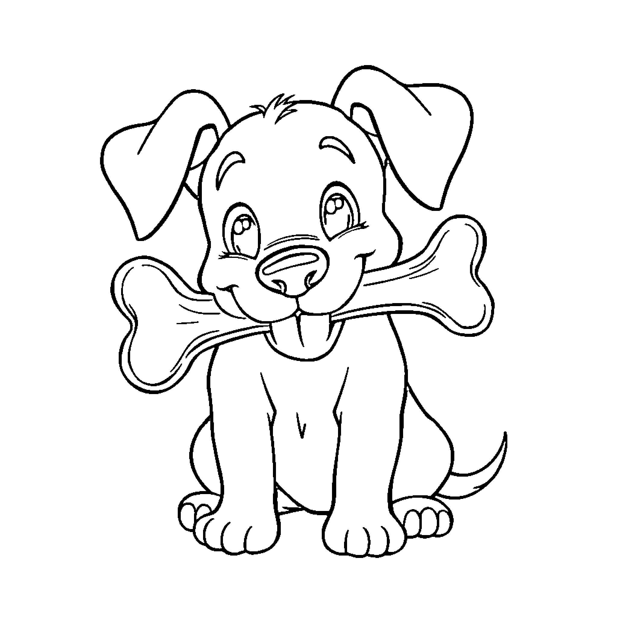 Puppy chewing on a big bone happily Coloring Page (free black-and-white line drawing printable PDF for all, from beginners to advanced learners, including children, teens, adults, and seniors)